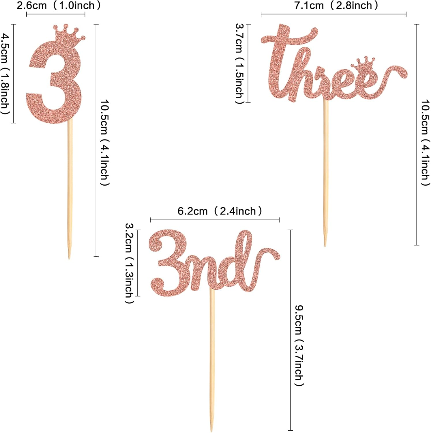 24PCS 3Nd Crown Birthday Cupcake Toppers Three Birthday Three Cupcake Picks Baby Shower Theme Prince Crown Party Cake Decorations Supplies Rose Gold image number 6