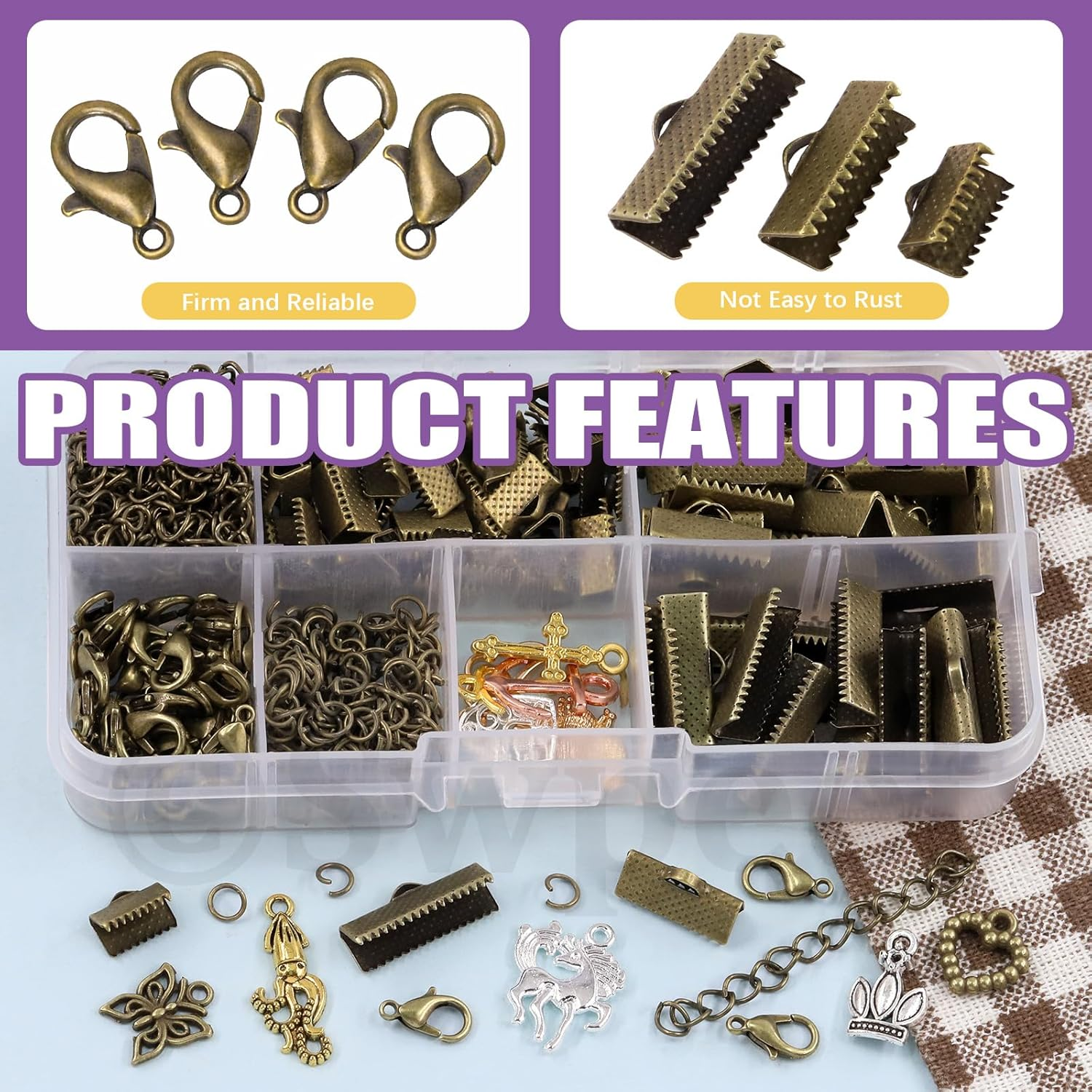 Swpeet 430Pcs Bronze Ribbon Bracelet Assortment Kit, Bookmark Pinch Crimp Ends Lobster Clasps with Jump Rings and Chain Extenders for DIY Making Bookmark Pinch Bracelet Choker Necklace image number 6