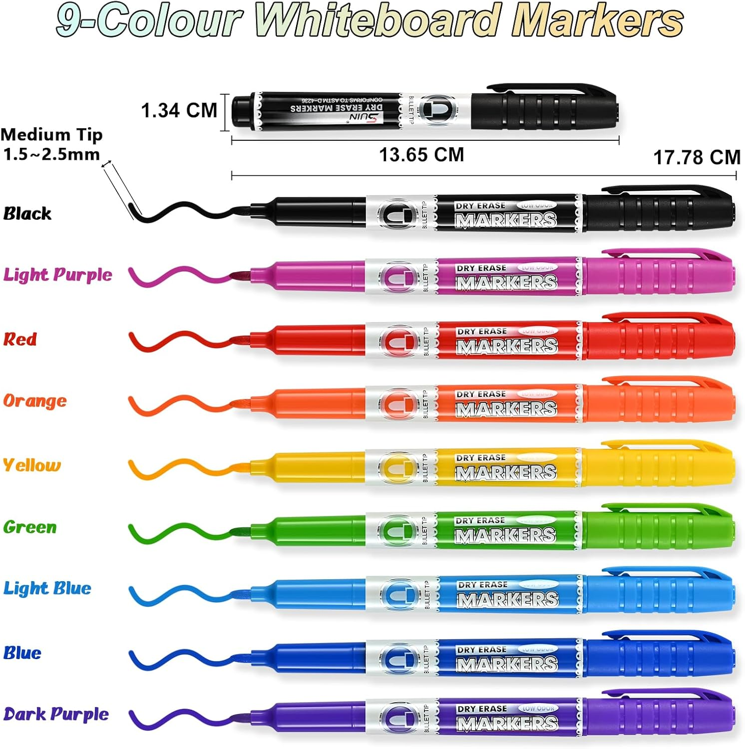 SUIN 9 Colour Low-Odour Whiteboard Markers - Slimline Pens, Medium Fine Tip Whiteborad Pens for Home, Work, School (Pack of 9) image number 2