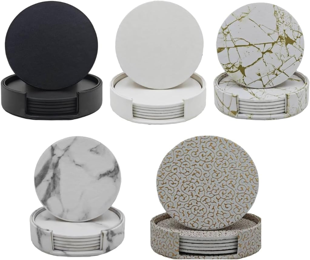 Vmila Leather Coasters for Drinks, 4" Drink Coasters Set of 6 with Holder for Tabletop Protection, Handmade Luxurious Home D&eacute;cor and Housewarming Gift (White Gold Marble Coaster) - White image number 2