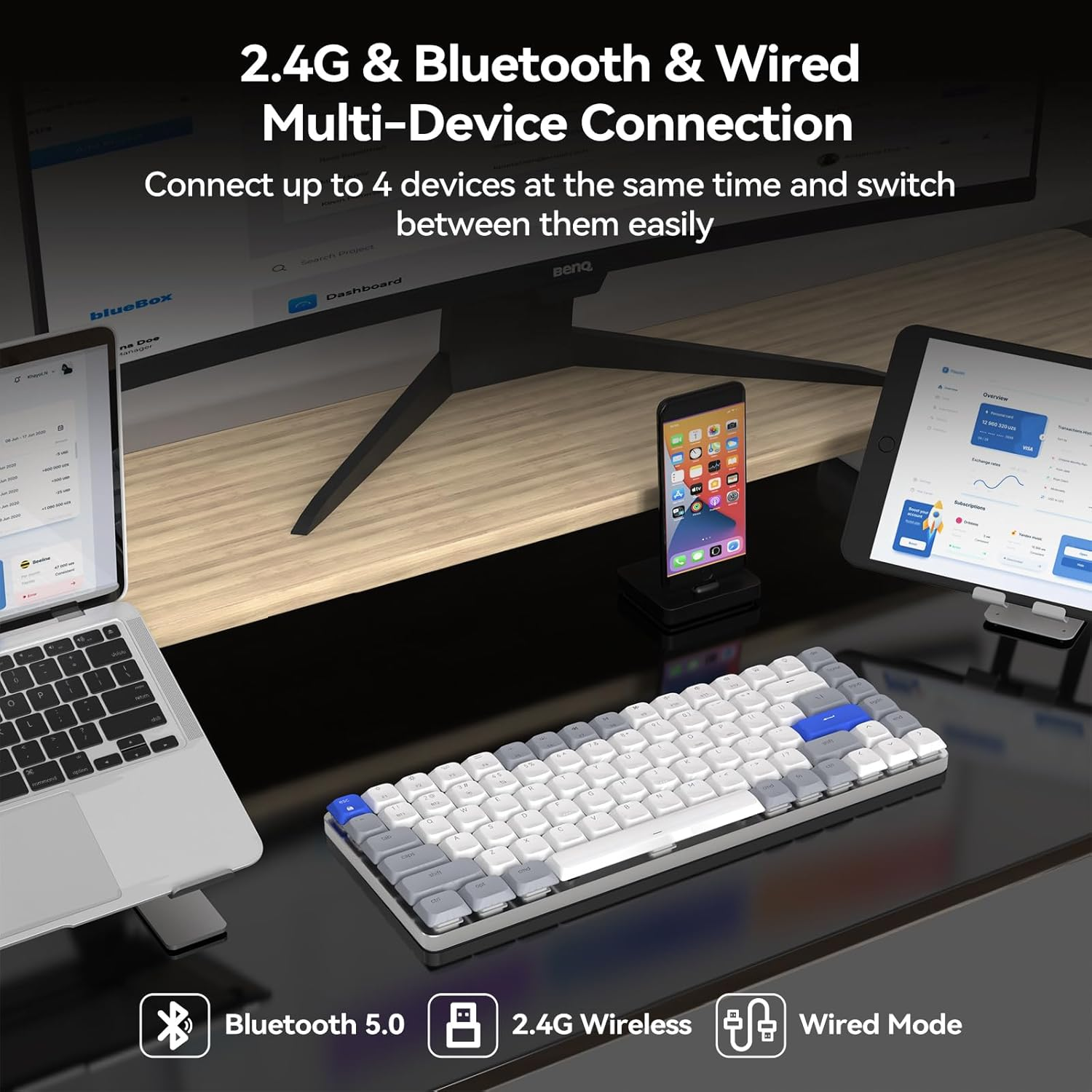 AUSDOM 75% Mechanical Keyboard, 84 Keys Compact Low Profile Wireless Gaming Keyboard with White LED Backlit, Bluetooth/2.4Ghz/Usb-C, Brown Switch Compatible with Mac Windows image number 2