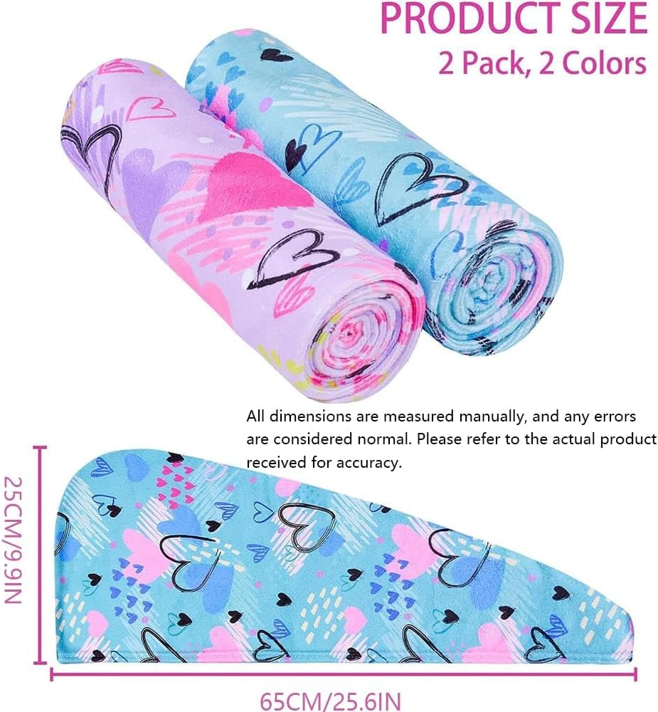 2 Pack Microfiber Hair Drying Towels Quick Dry Anti-Frizz Head Turban with Button Wet Hair Towel Wrap Turban for Long Thick & Curly Kids Girls Women,Super Absorbent Soft (Pink & Blue Love) image number 4