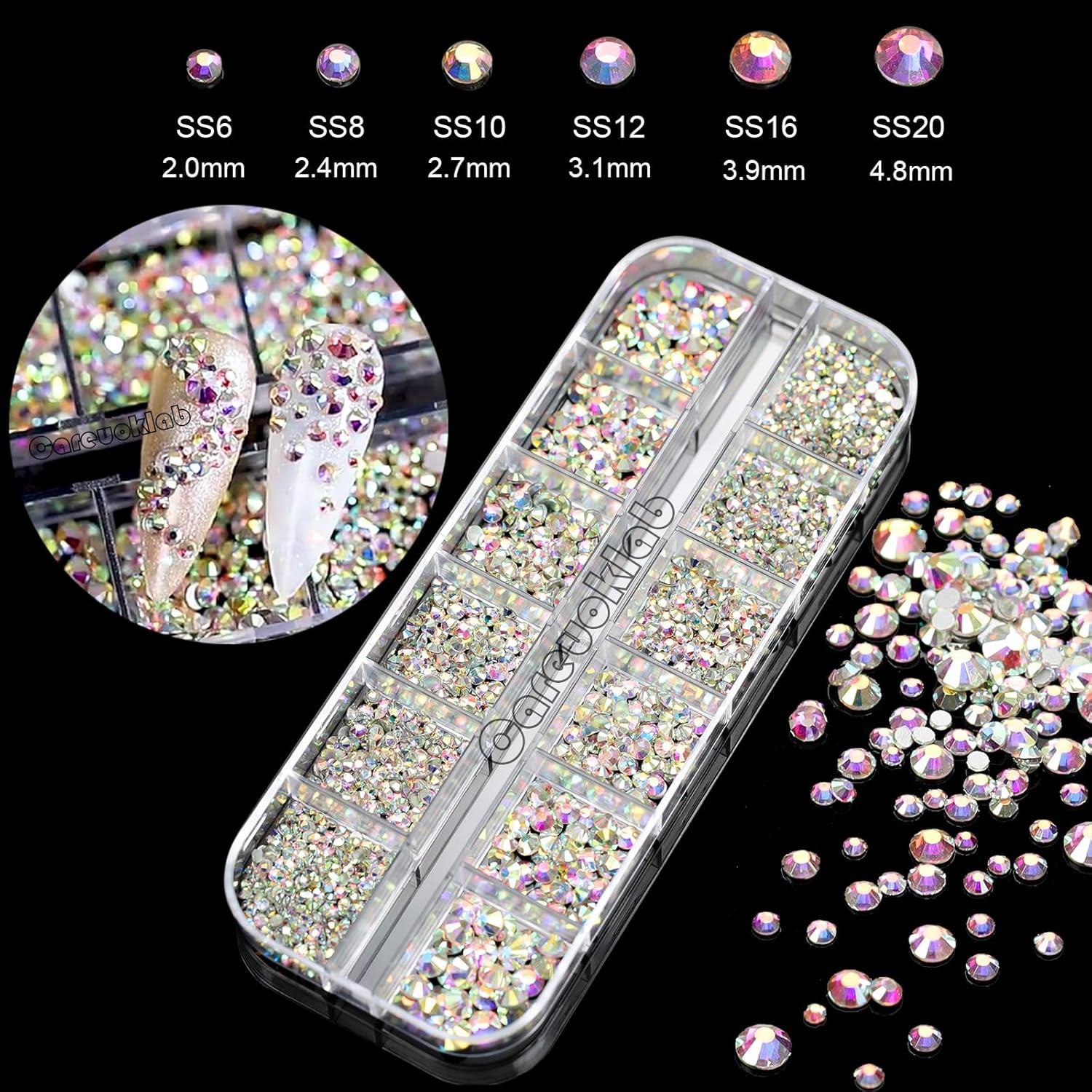 2 Boxes Colorful Glass Crystals of Flatback Rhinestones, Multi Sizes 3D Nail Art Gems Stones for Nails Crafts and DIY Decoration (Multicolor + Crystal AB) image number 4