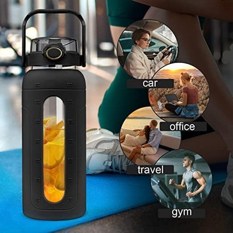 Tronco 64 Oz Glass Water Bottles with Straw and Handle Lid,Half Gallon Water Bottle with Silicone Sleeve&Time Marker,Large Reusable Motivational Glass Water Jug Leakproof for Gym/Workout/Travel image number 6