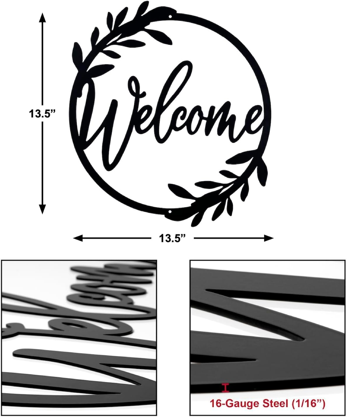 Metal Welcome Sign for Front Door - Large 13.5 Inch Black Wall Decor - Indoor Outdoor Home Decor Perfect for Front Porch, Living Room, and Kitchen (Wreath Style) image number 1