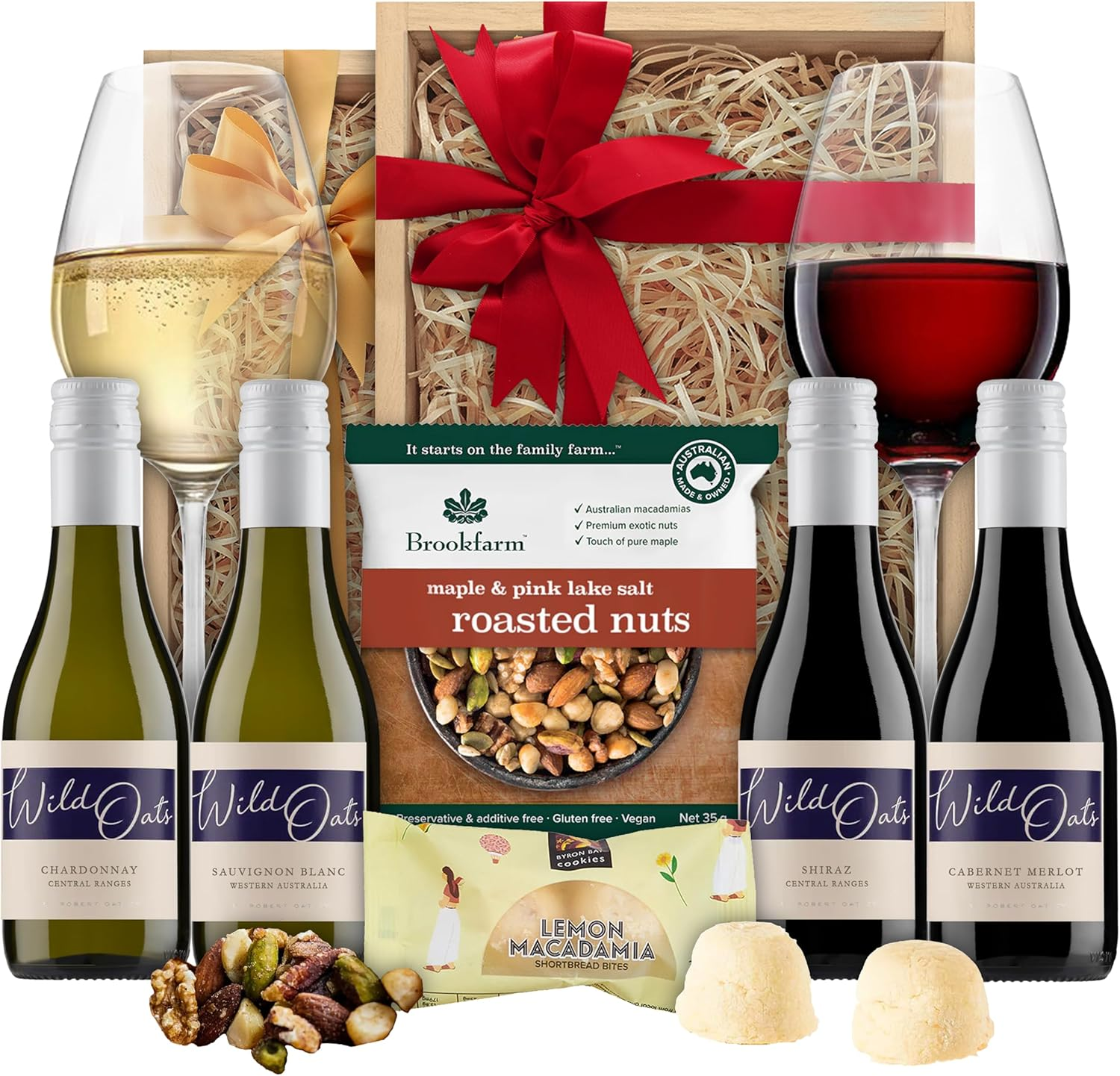 A Little Luxury Wild Oats Piccolo Wine Gift Hamper: Shiraz & Cabernet Merlot or Sauvignon Blanc & Chardonnay, Byron Bay Lemon Macadamia Cookies & Brookfarm Oven Roasted Premium Nuts Entertainer Mix (187Ml, Sauvignon Blanc & Chardonnay) image number 3