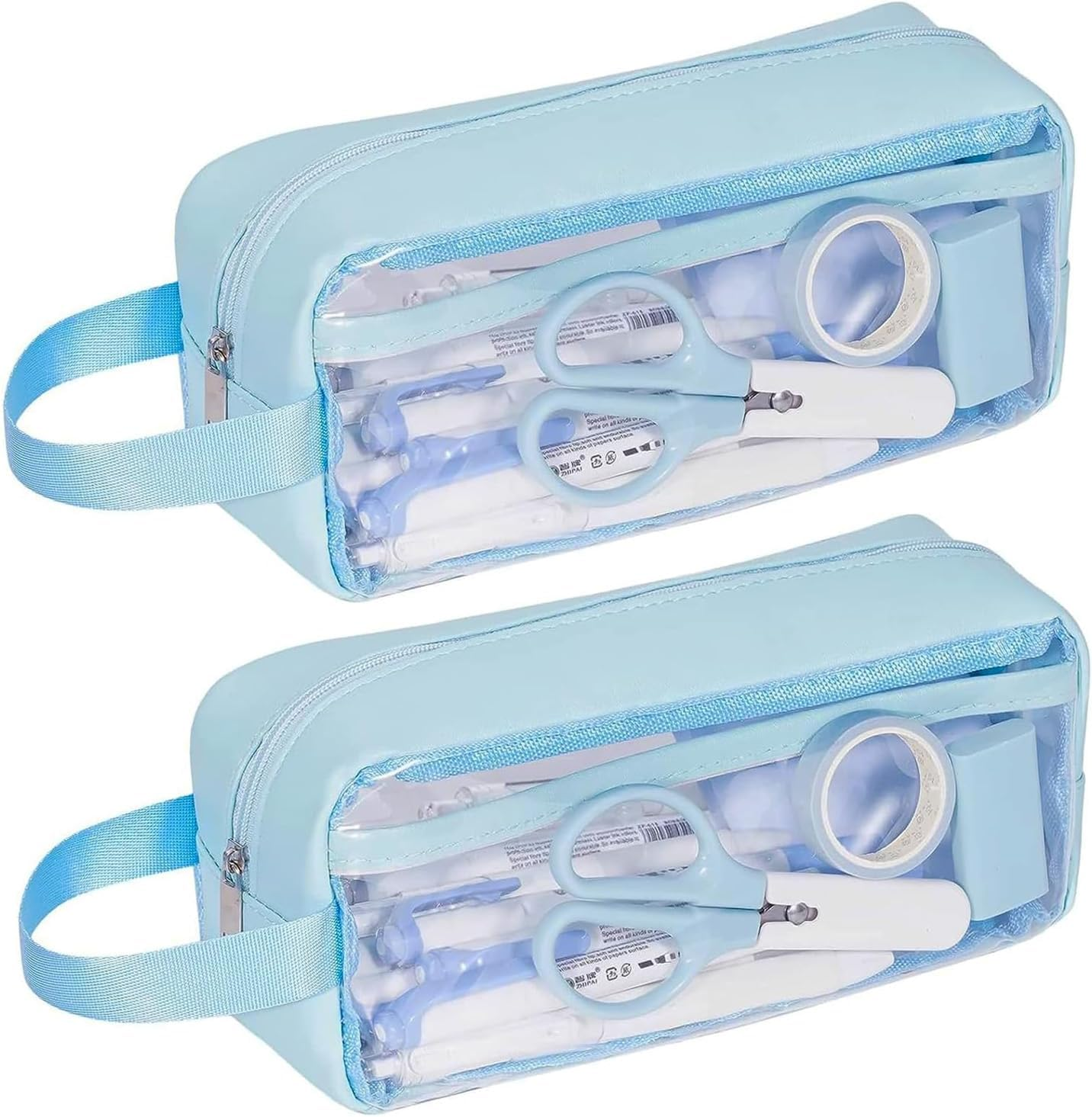 2 Pcs Large Capacity Pencil Case, Waterproof PVC Zippered Toiletries Storage Pouch, Cosmetic Makeup Storage Bag, Clear Pencil Case for Girls Boys, Home, School, Office (Blue) image number 6