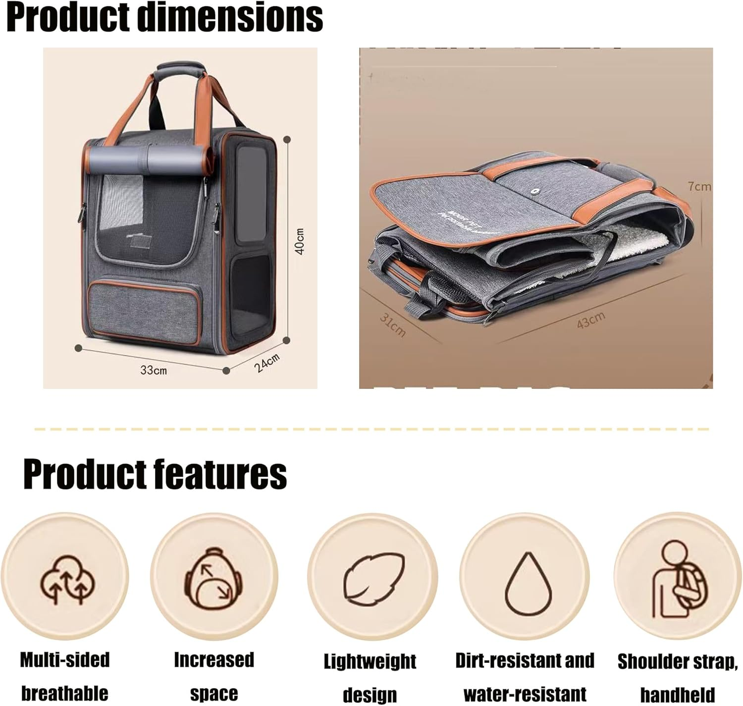 Soft-Sided Pet Carrier, Collapsible Travel Carrier for Cats and Puppies, Portable with Multiple Pockets (Gray-Backpack) image number 1