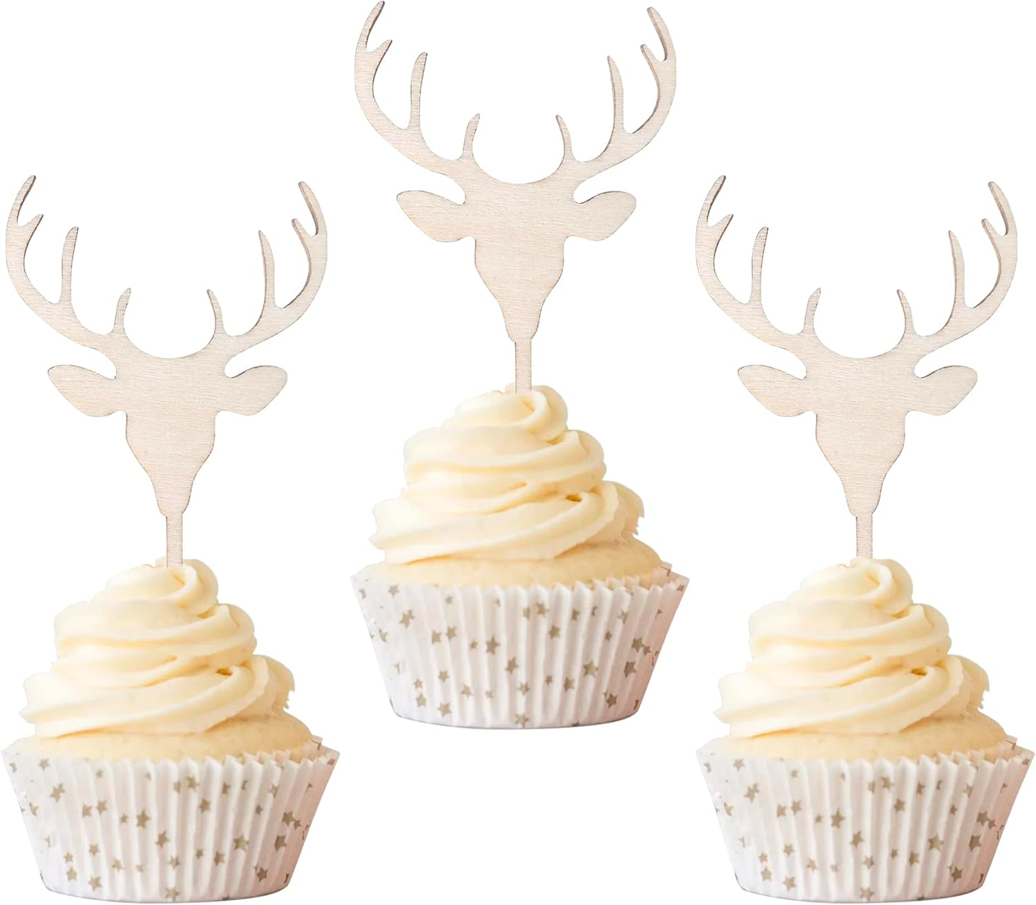 Rsstarxi 24 Pack Christmas Deer Cupcake Toppers Wooden Deer Antler Cupcake Picks for Baby Shower Wedding Hunting Rustic Country Kids Birthday Christmas Party Cake Decorations Supplies image number 1
