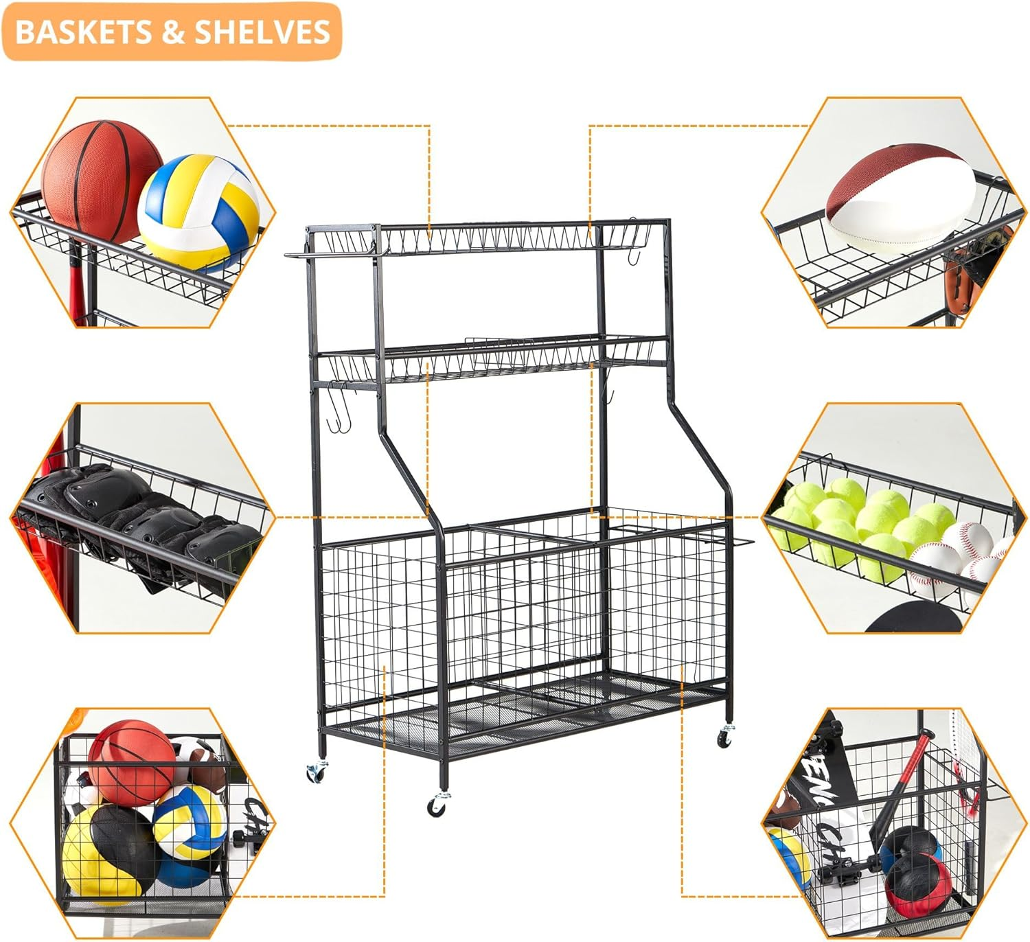 LUGO Heavy-Duty Garage Sports Equipment Organizer with Wheels, Indoor/Outdoor Ball Storage Rack with Baskets and Hooks, Ball Holder with Lockable Wheels, for Home, Garage, Kids Toys, Sports Gear image number 1
