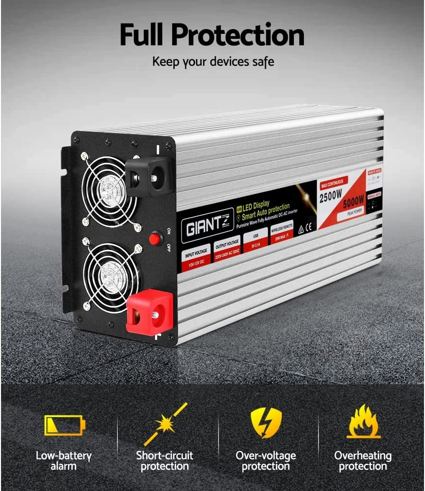 Giantz Power Inverter, 2500W/5000W 12V-240V Electric Portable Pure Sine Wave Inverters Adapter Converter Camping Car Boat Caravan Laptop Accessories, Convenient USB Output Silver image number 3