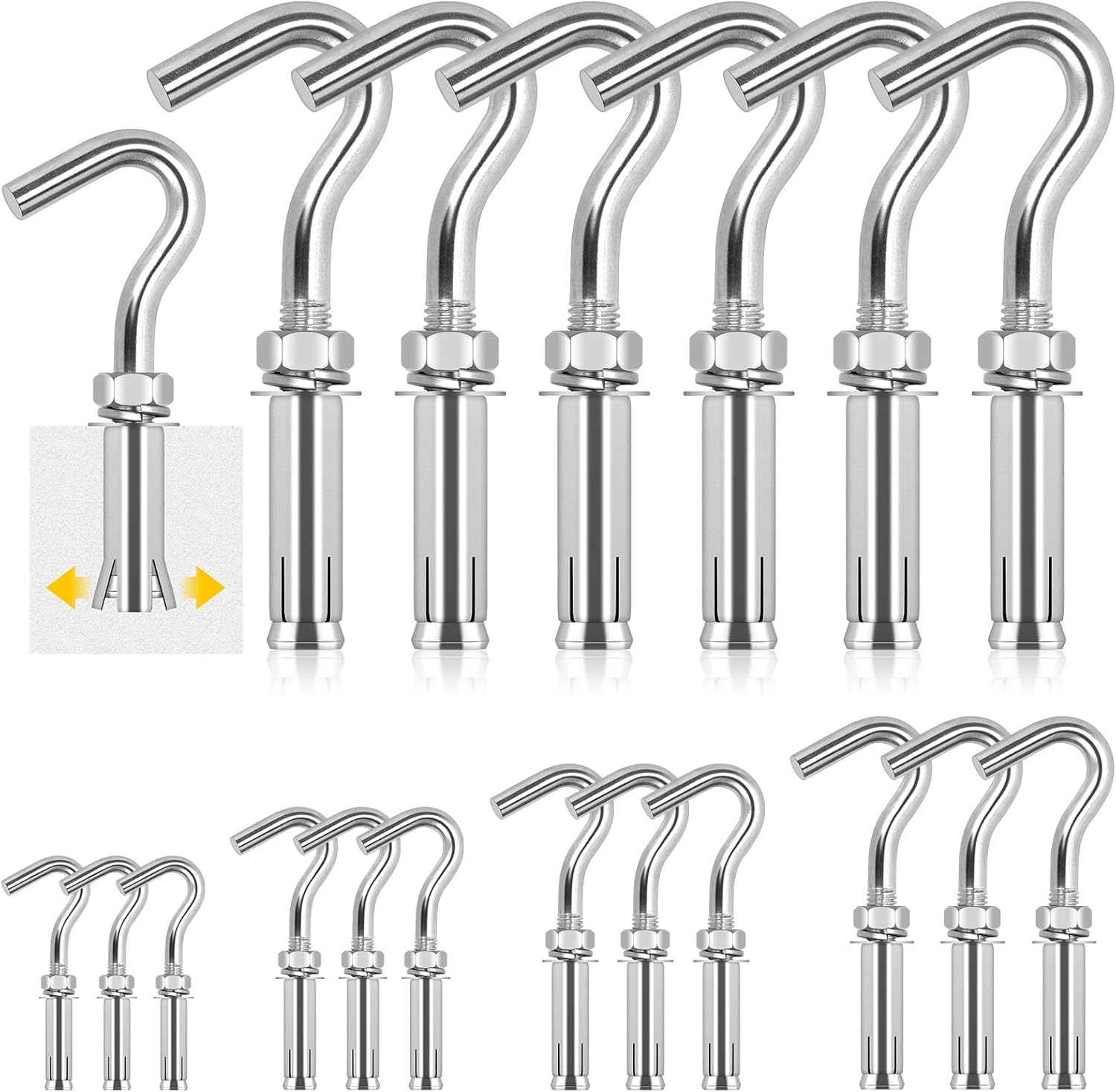 Glarks 6Pcs M10 Expansion Hook Set, 304 Stainless Steel Open Cup Hook Screw, Heavy Duty Concrete Hook, Expansion Screw in Hooks, Concrete Wall Hook for Concrete Brick Stone Ceiling Hanging image number 1