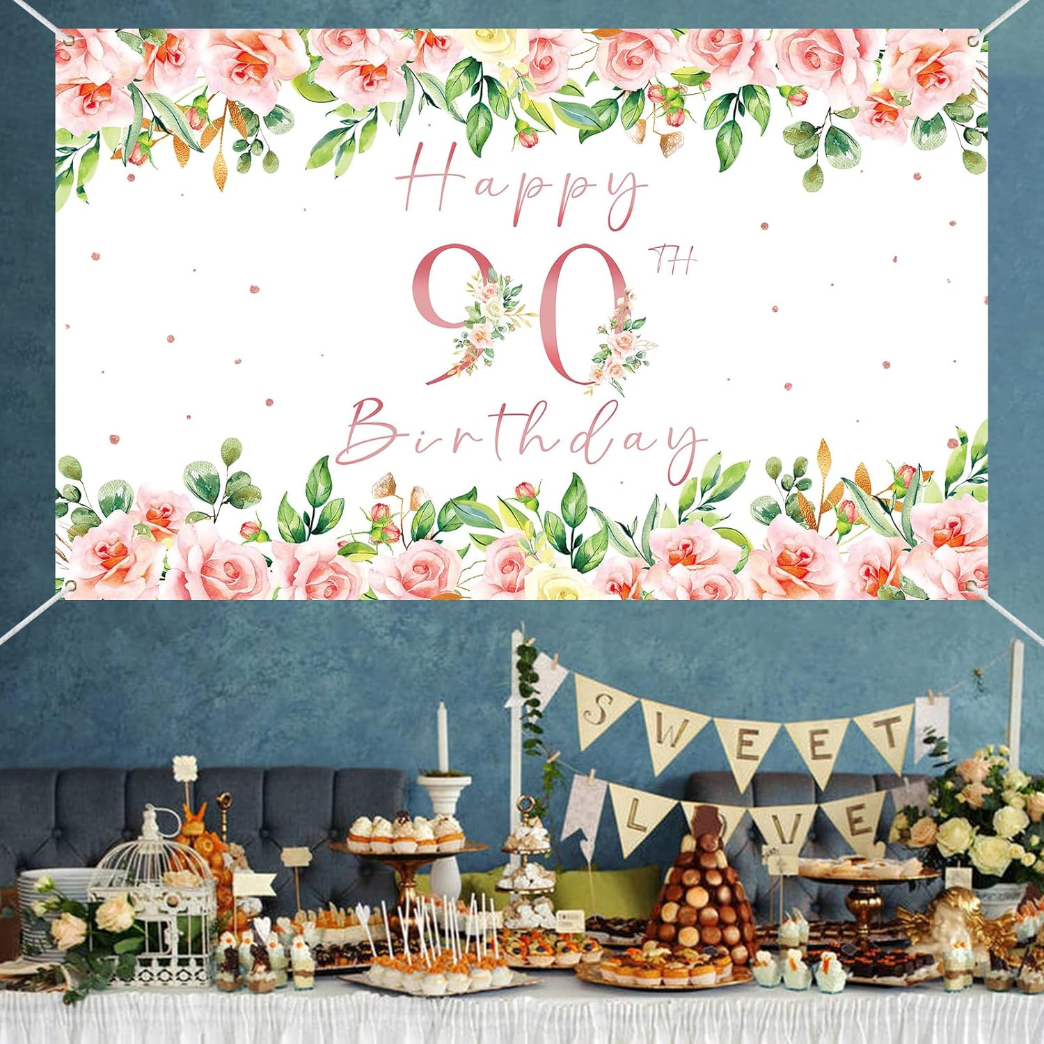 Crenics 90Th Birthday Decorations for Women, Rose Gold Floral Happy 90Th Birthday Banner Backdrop for Female 90 Birthday Party Supplies, 5.9 X 3.6 Ft image number 1