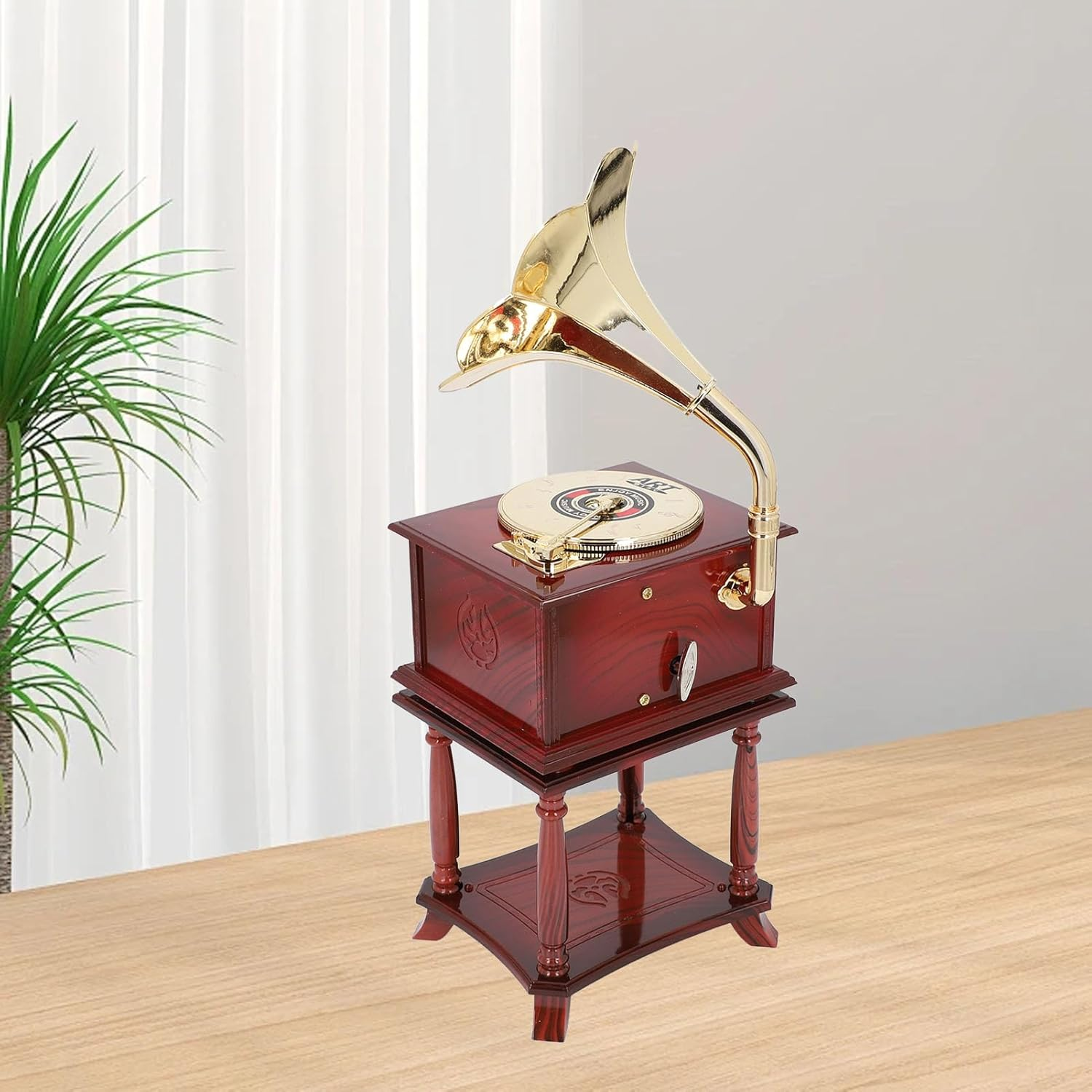 Vintage Gramophone Clockwork Music Box Mechanical Retro Phonograph Style Music Box with Handcrafted Details for Home Office Decor (Brown Gramophone with Base)