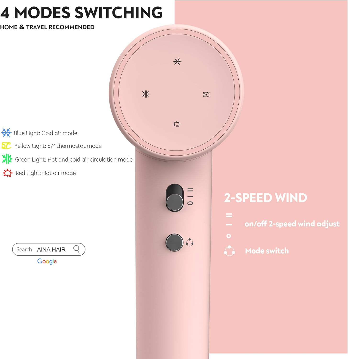 AINA Hair Dryer, Blow Dryer with Diffuser Brush Comb for Women - BLDC Hair Dryer - Brushless Motor, 110,000 RPM Lightweight, Ionic Travel, 3 Magnetic Attachments(Pink)