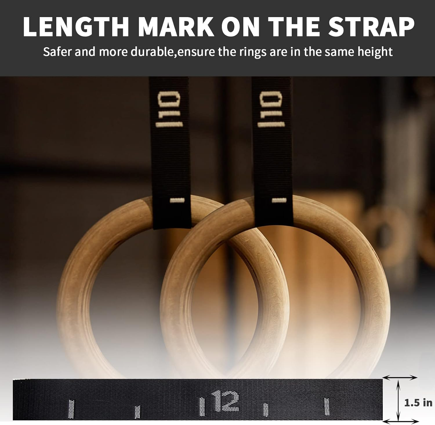 Olympic Gym Rings - Wooden Rings with Adjustable Cam Buckle, 14.8Ft Long Straps, Non-Slip, Full Body Workout image number 5