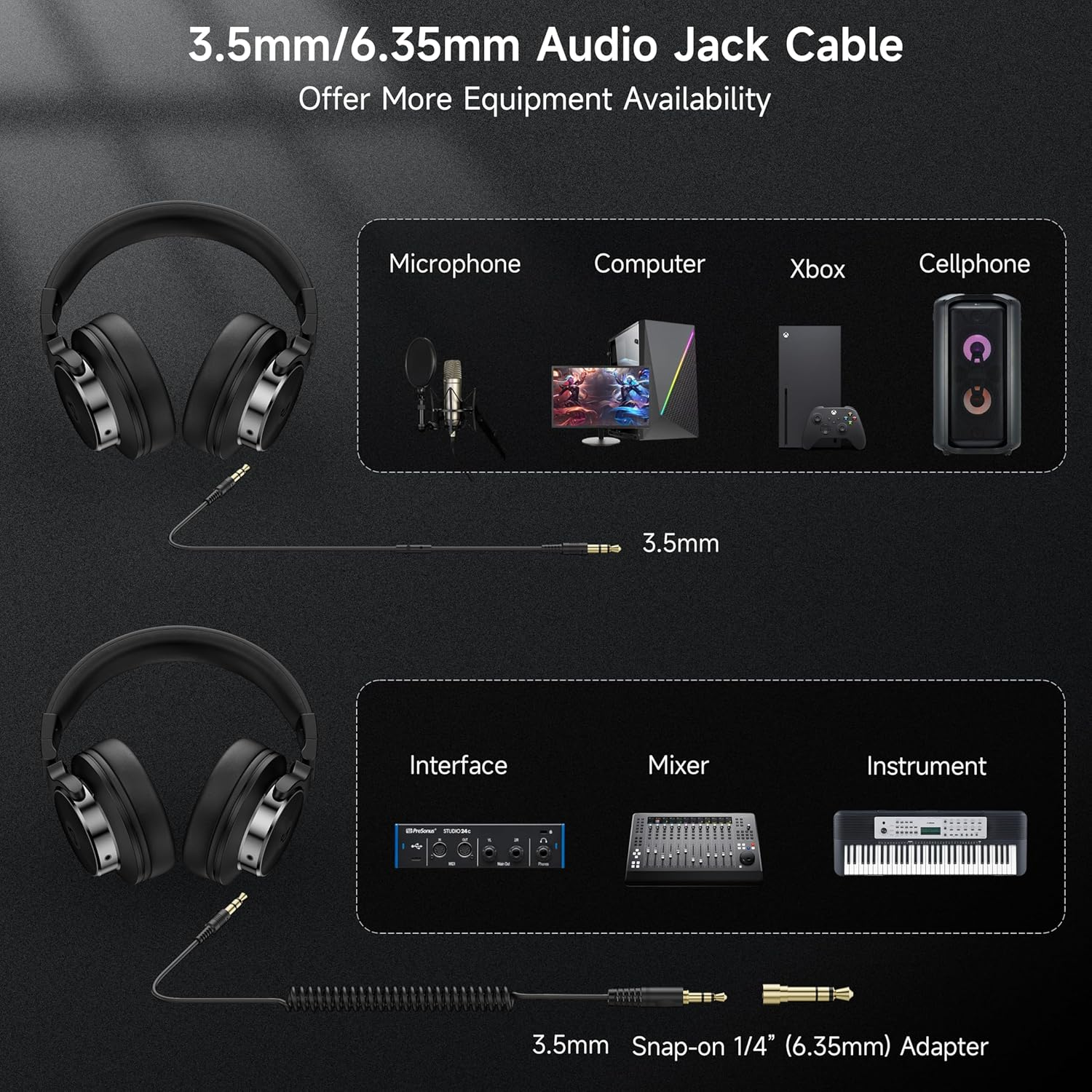 DJ Headphones over Ear Headphones Studio Monitor & Mixing DJ Stereo Headsets with 50Mm Neodymium Drivers and 1/4 to 3.5Mm Jack for AMP Computer Recording Podcast Keyboard Guitar Laptop (Black) image number 2