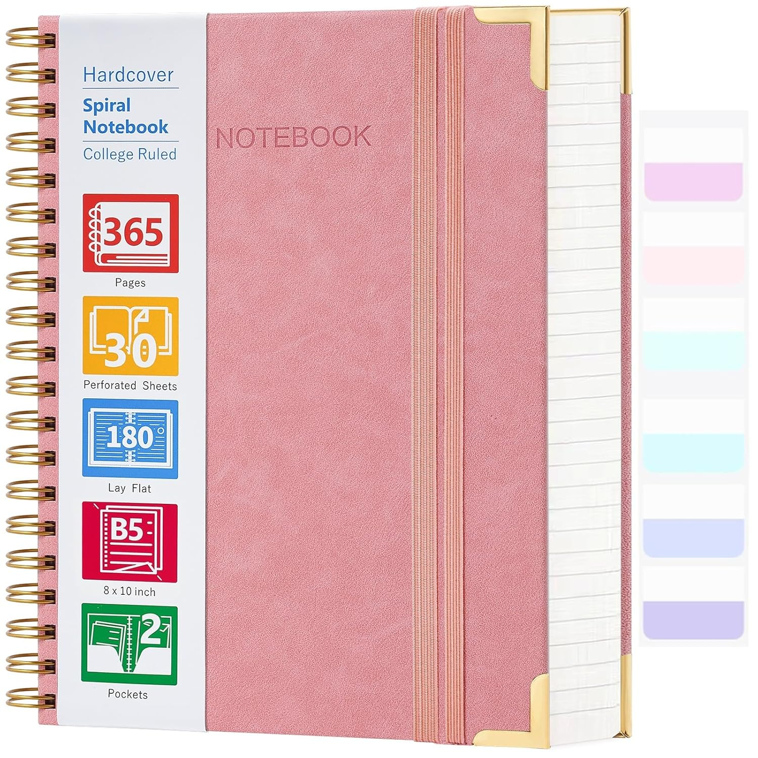 Spiral Notebook, 365 Page Hardcover Leather Notebook Journal, Large B5 Lined Journal for Women Men, College Ruled Notebooks for Work School, Journals for Writing, 24Pcs Index Tabs, 8" X 10", Pink image number 2