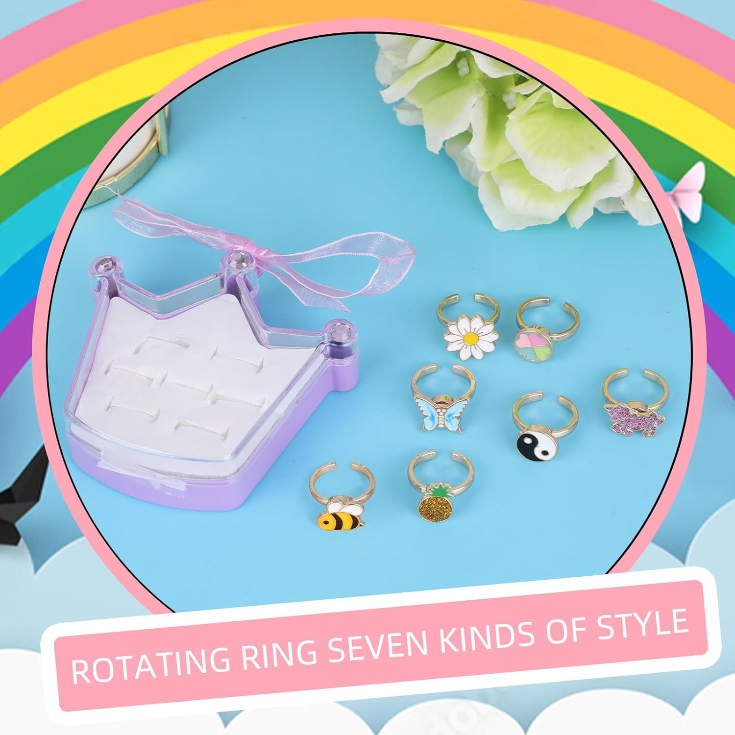 Mjartoria 7Pcs Fidget Rings for Anxiety, Shell Butterfly Unicorn Flower Stainless Steel Spinner Ring Set for Teen Girls Mood Rings Stress Relieving Wide Rings Set - Pink-Unicorn image number 3