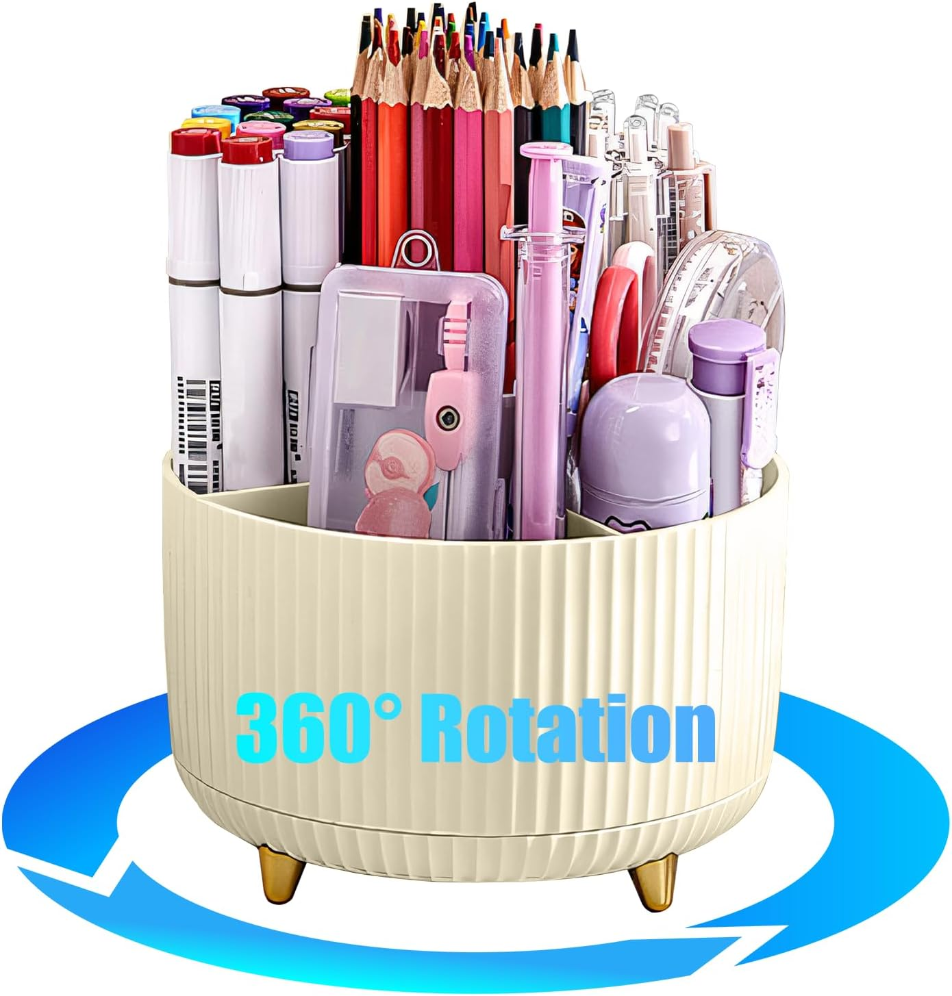 360 Degree Rotation Desk Organizer, Dual-Purpose Desktop Pencil Pen Holder Organizer for Home Office School Home (Beige) image number 5