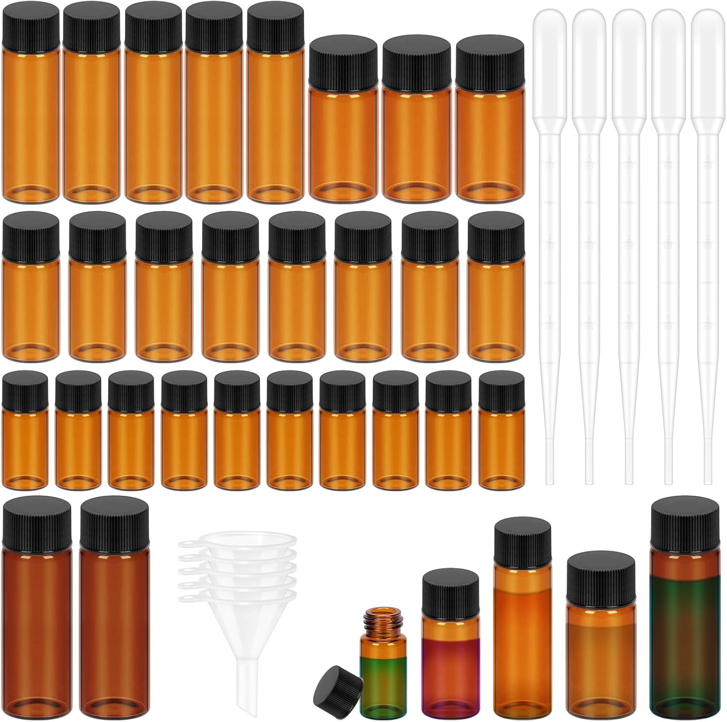 Glarks 38Pcs 5ML 10ML 15ML 20ML 30ML Brown Glass Vials with Black Screw Caps, Small Liquid Sample Vial, Leak-Proof Vial with Dropper and Small Funnel Set image number 4