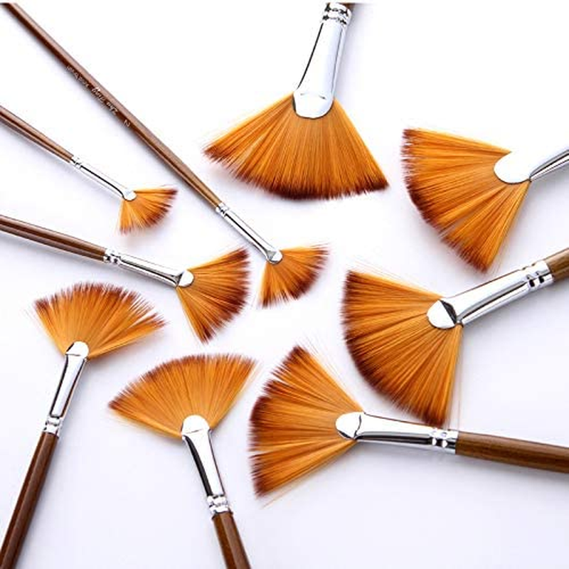 Fan Paint Brushes Set - 9Pcs Artist Drawing Brush, Soft Nylon Hair, Wood Long Handle, Fan-Shaped for Painting image number 6