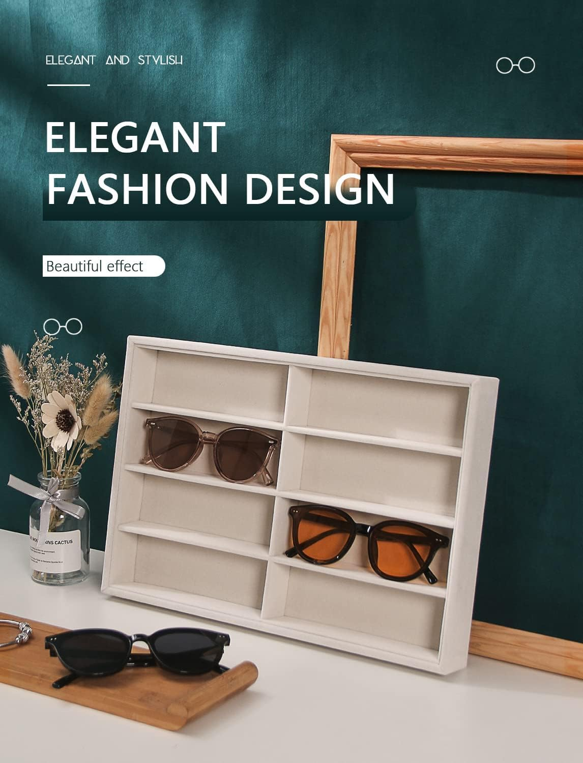 Sunglass Organizer Tray, Beige Velvet Glasses Trays, Eyeglasses Watches Jewelry Display Organizer Tray Box for Men Women (8 Grids Beige) image number 2