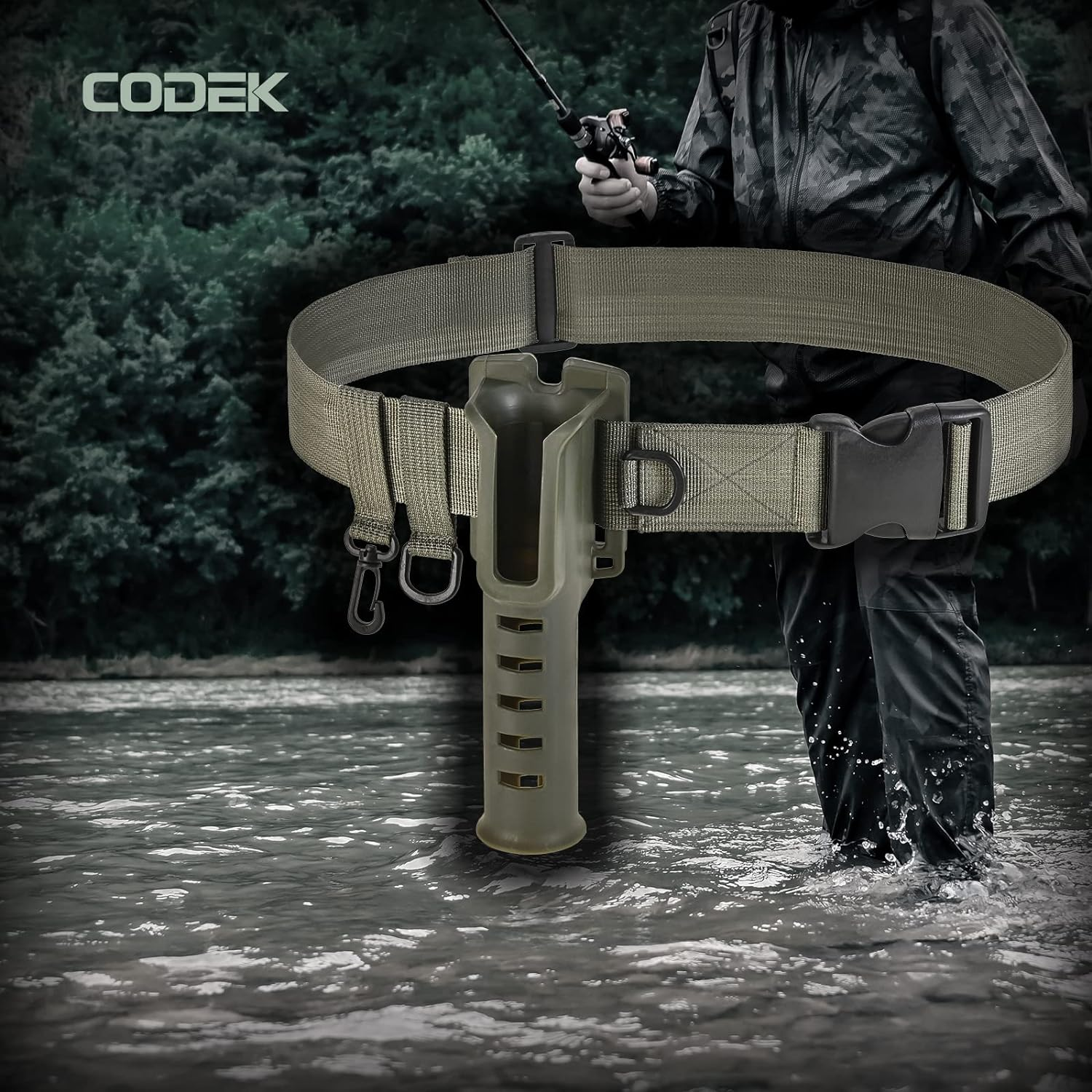 CODEK Fishing Waist Belt Rod Holder Adjustable Waist Wading Belts for Men with Portable Pole Inserter for Spinning Casting Reel Surf Kayak Fly Fishing Portable Fishing Gear Accessories Wader Strap image number 1