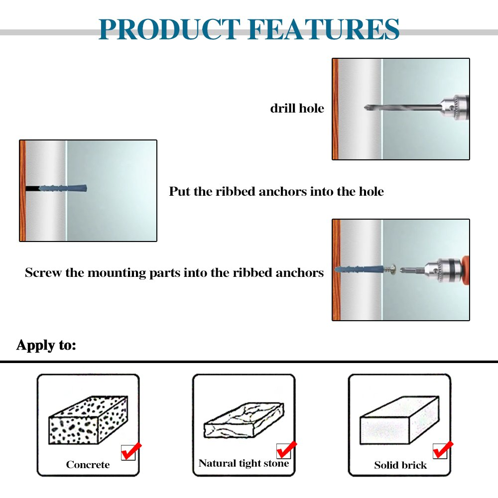 Glarks 220-Pieces Plastic Self Drilling Drywall Ribbed Anchors Hollow-Wall Anchor with Screws Assortment Kit for Drywall, Hollow-Wall Hanging Wall Shelf or Blinds image number 3