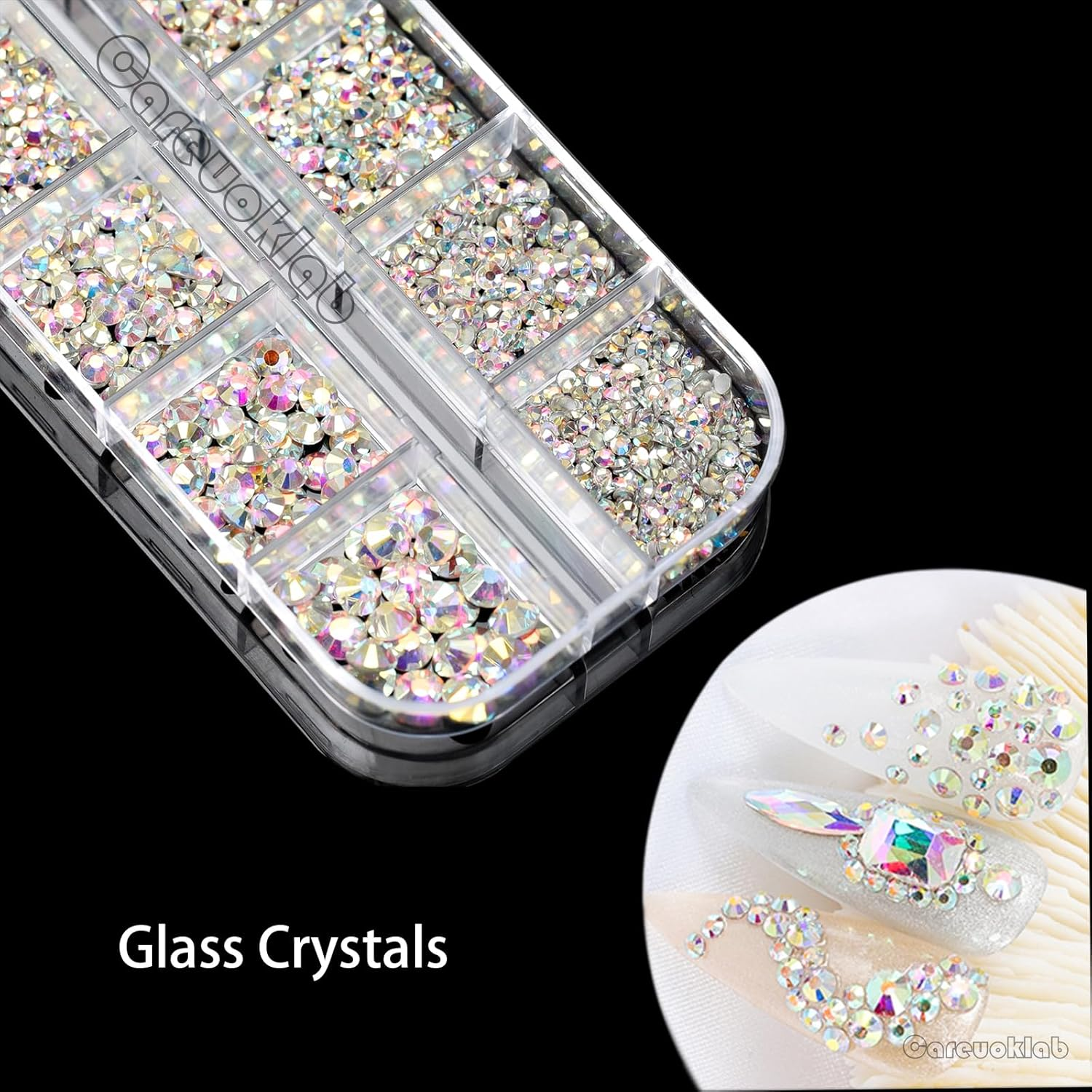 2 Boxes Colorful Glass Crystals of Flatback Rhinestones, Multi Sizes 3D Nail Art Gems Stones for Nails Crafts and DIY Decoration (Multicolor + Crystal AB) image number 6