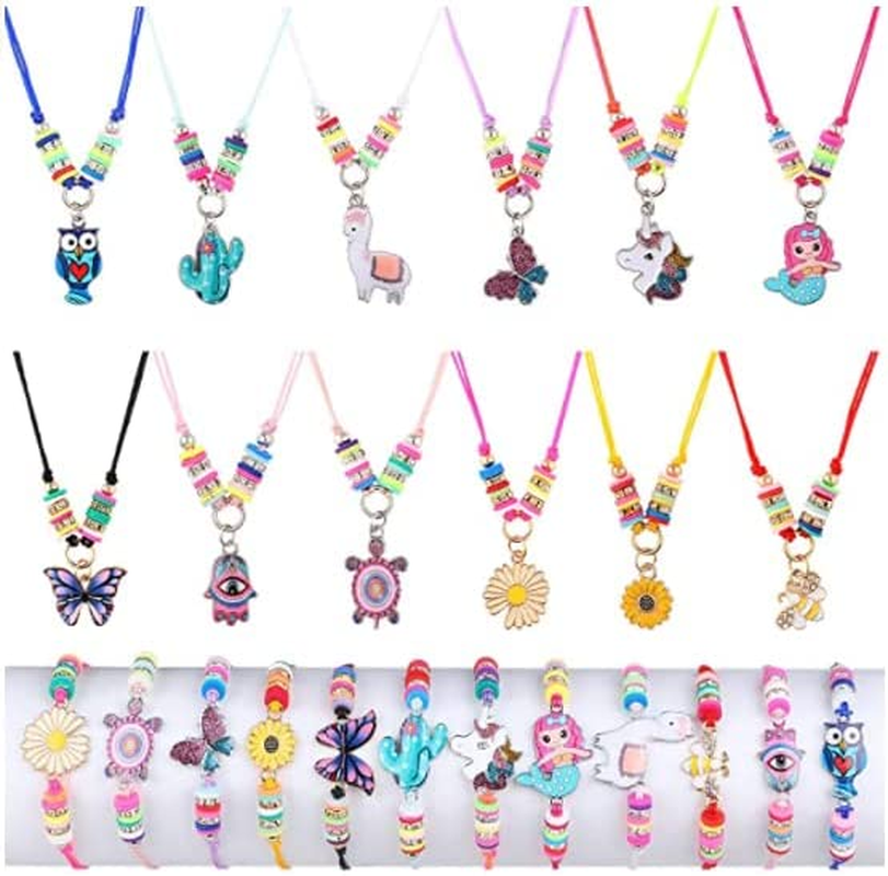 24 Pcs Kids Jewelry for Girls Woven Friendship Bracelets and Necklaces Set with Animal Unicorn Mermaid Butterfly Flower Pendants Little Girls image number 3