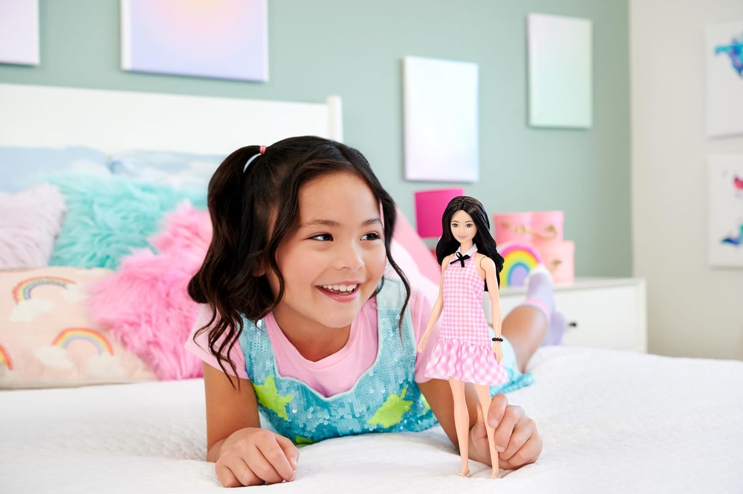 Barbie Fashionistas Doll #224 with Black Wavy Hair, Pink Gingham Dress & Accessories, 65Th Anniversary Collectible Fashion Doll