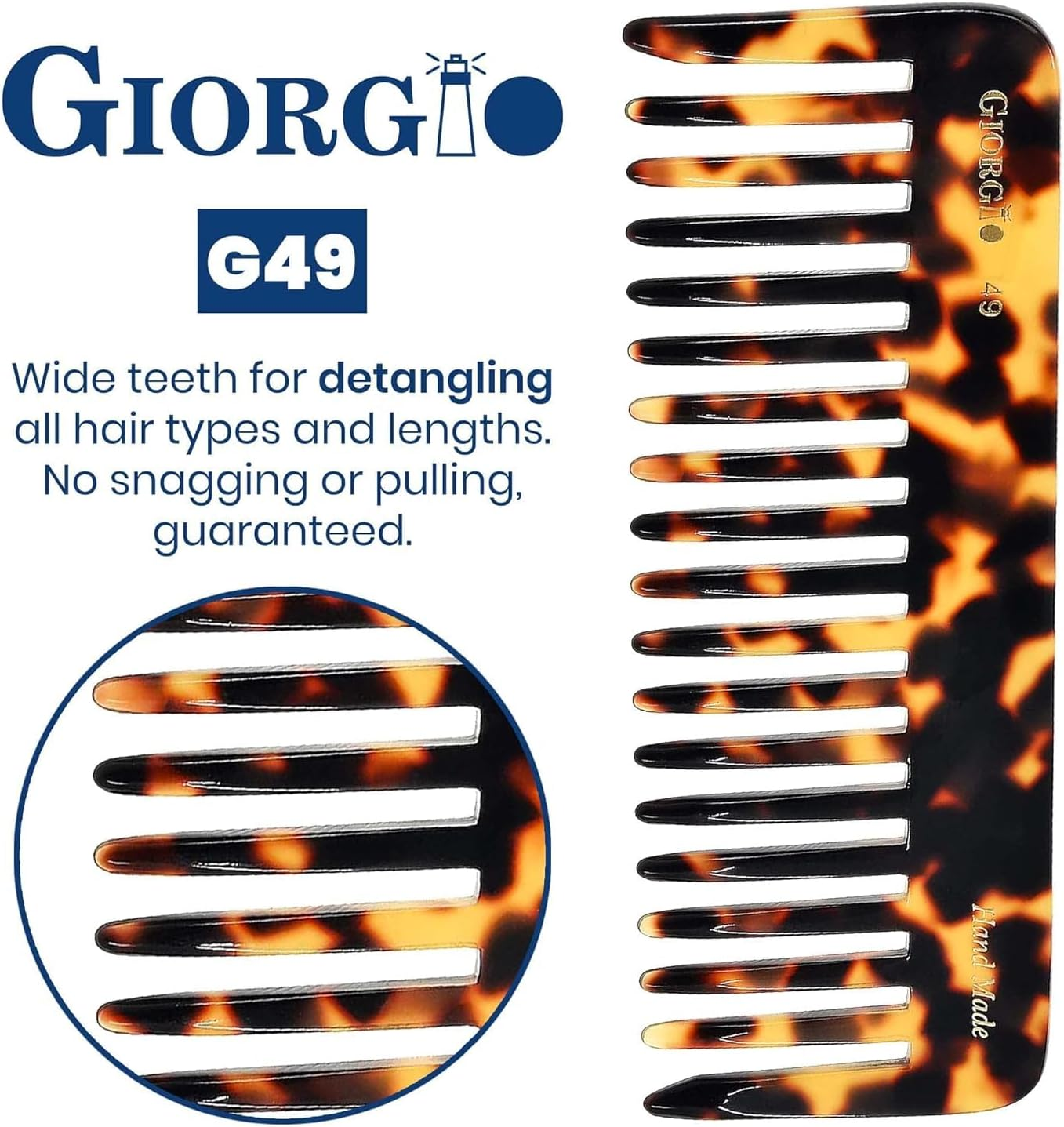 Giorgio G49 Yellow Tokio Large Wide Tooth Detangler Comb for Thick/Curly/Wavy Hair,Detangler Comb for Wet/Dry Use. Handmade of Quality Cellulose, Saw-Cut, Hand Polished image number 2