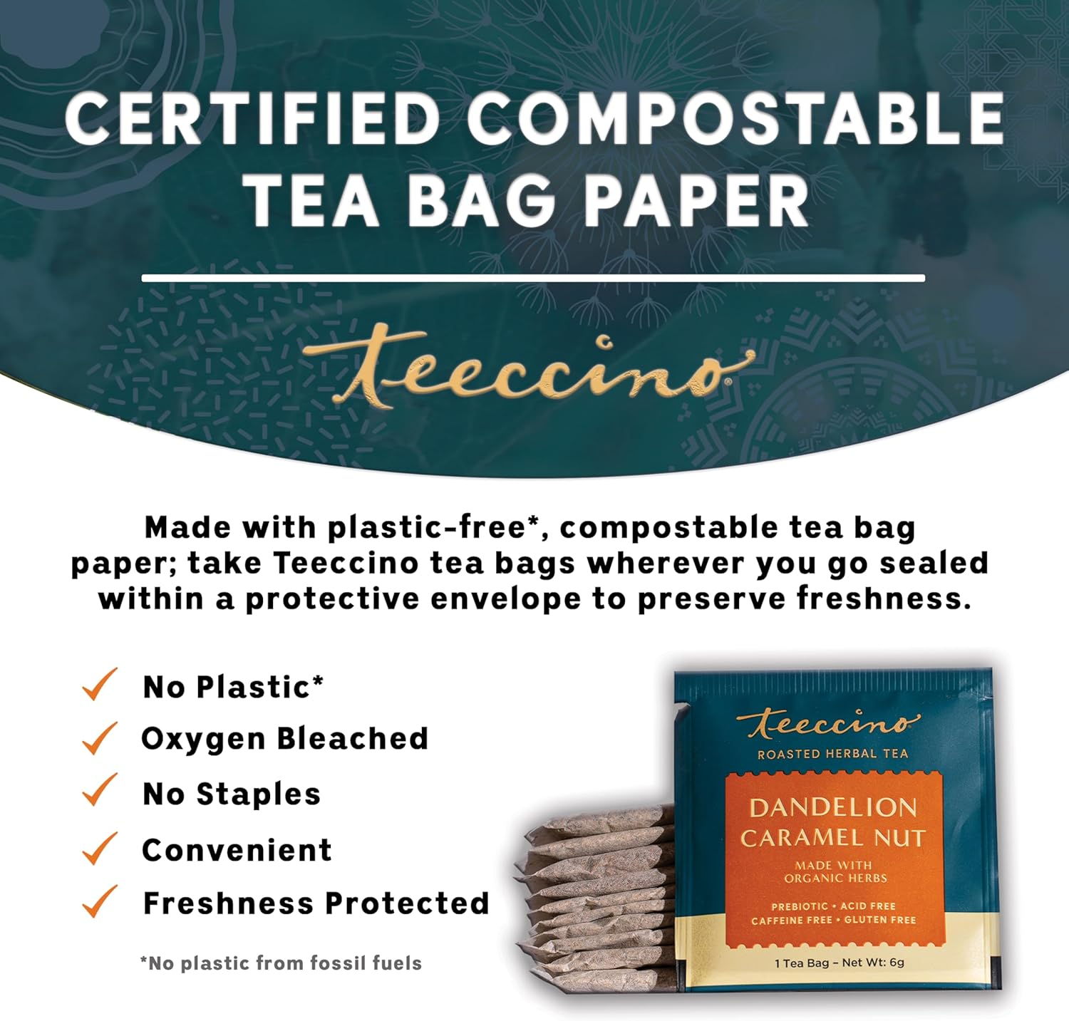 Teeccino Dandelion Caramel Nut Roasted Caffeine Free Chicory Herbal Tea 60 G, 10 Teabags image number 3