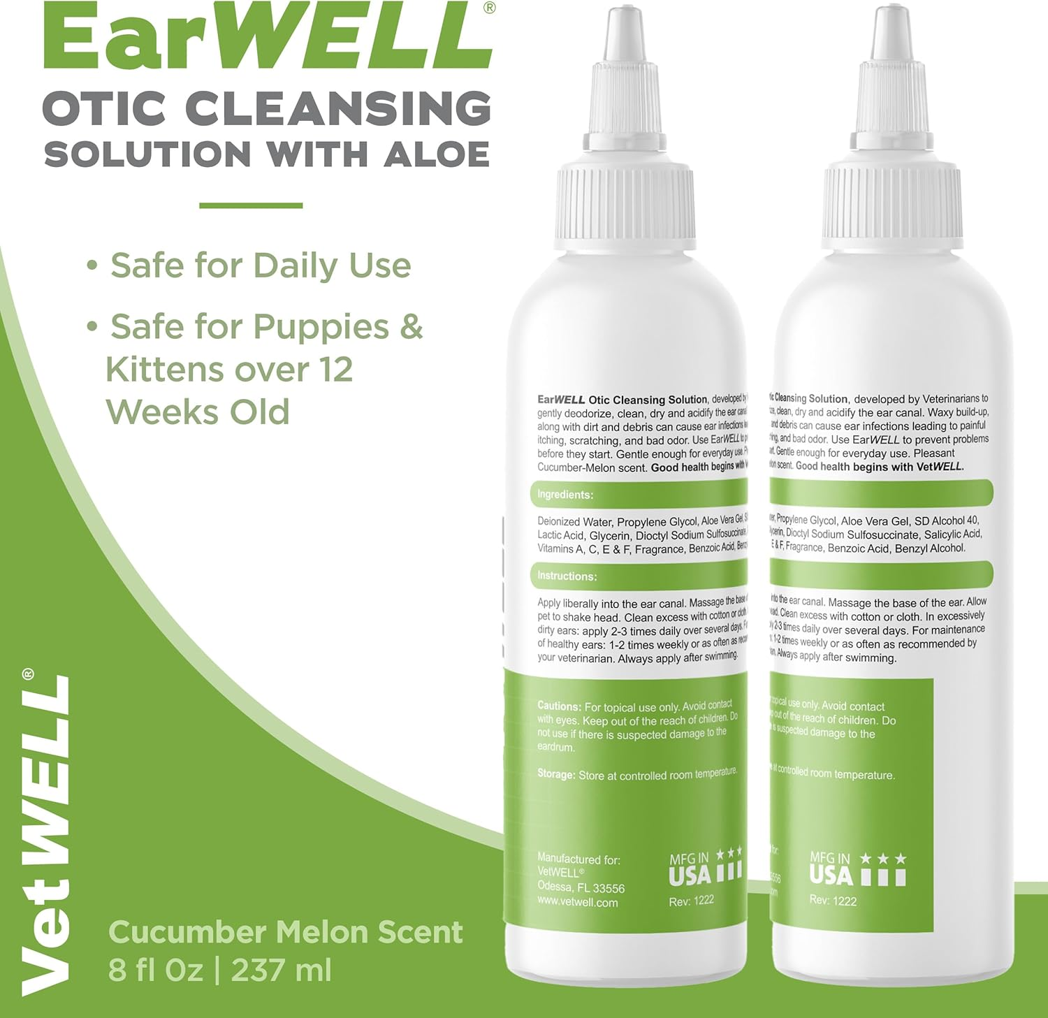 Vetwell Ear Cleaner for Dogs and Cats - Otic Rinse for Infections and Controlling Yeast Mites and Odor in Pets - 8 Oz (Cucumber Melon) image number 6