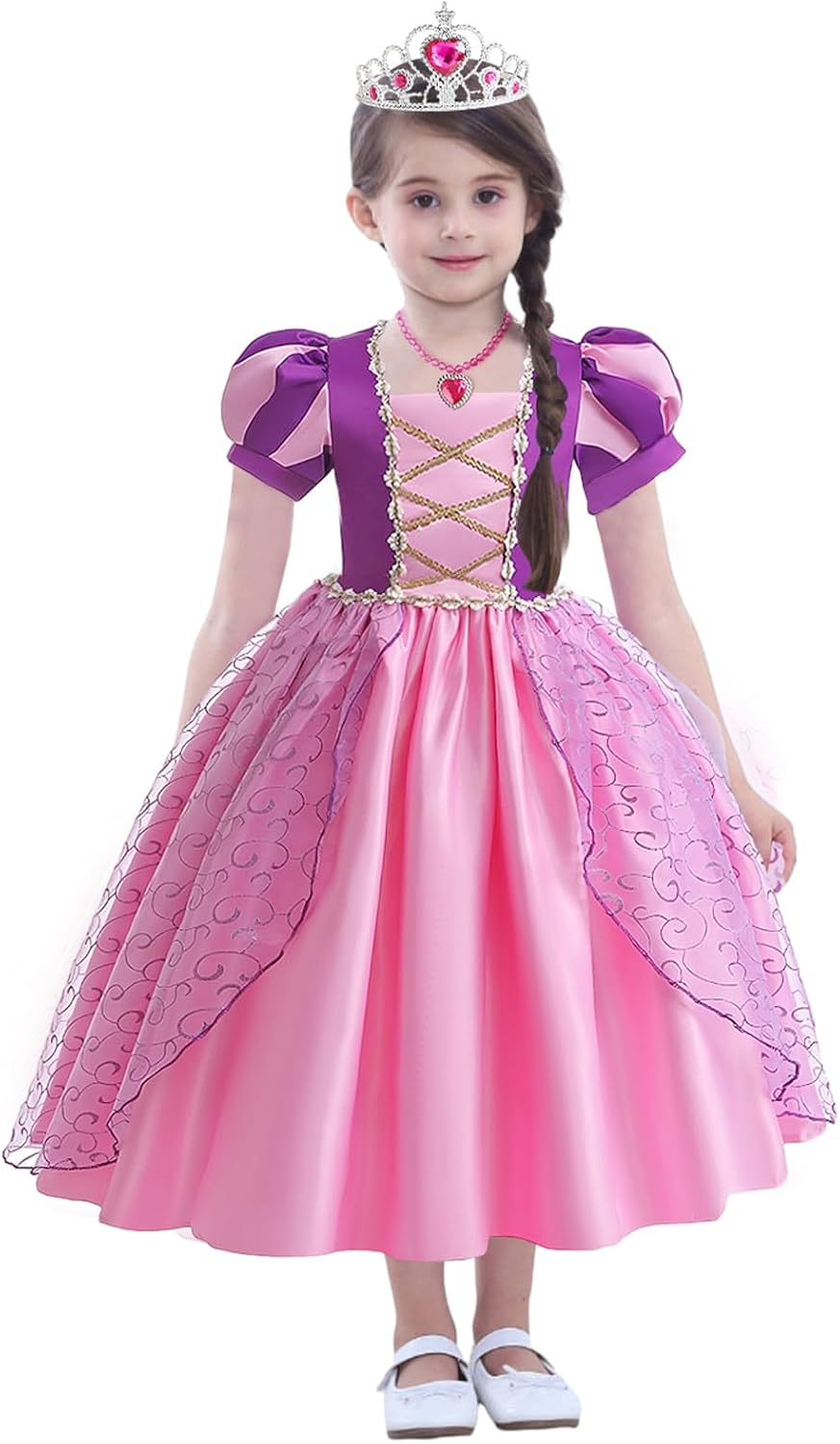 G.C Girls Rapunzel Dress Princess Dress up Costume Toddler Puff Sleeve Dresses Wig Crown Wand Jewelry Cosplay Clothes
