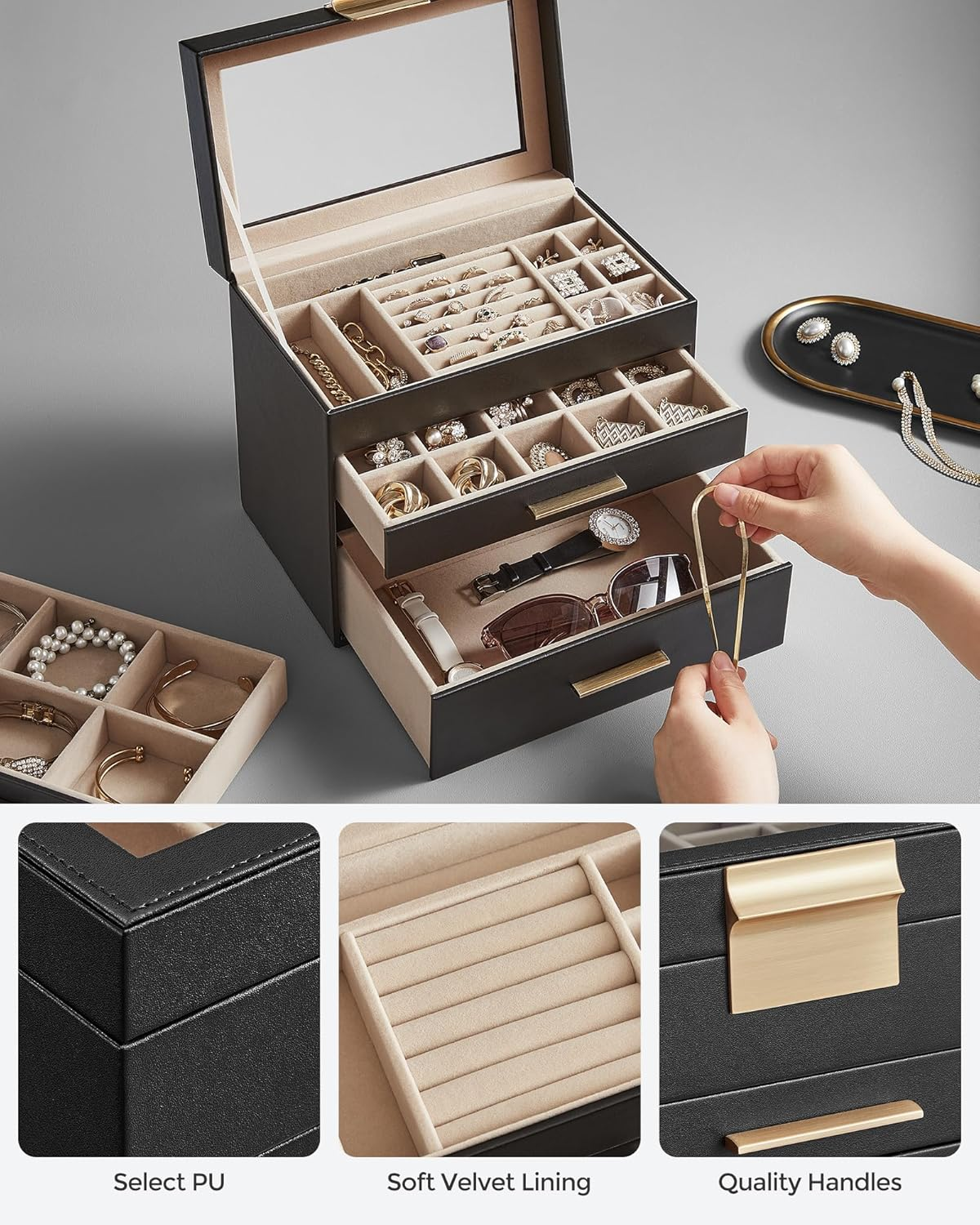 SONGMICS JBC161B02 4 Tier Jewellery Box with Glass Lid 3 Drawers Sunglasses Large Jewellery Storage Modern Graphite Black Gold image number 1