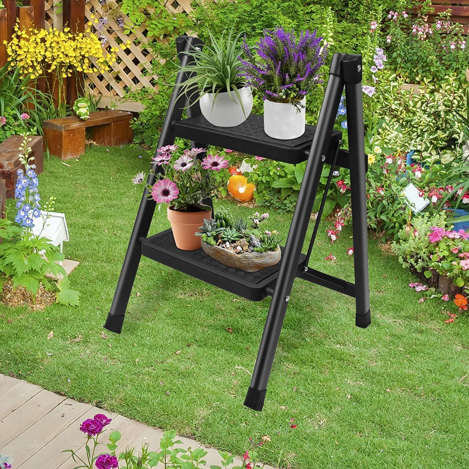 2 Step Stool Step Ladder Folding for Kitchen Home Closet Heavy Duty Adults Foldable Small Stepladder Lightweight Little Two Stepstool Collapsible Stepladders Portable Stepping Stool Black (2-Step) image number 1