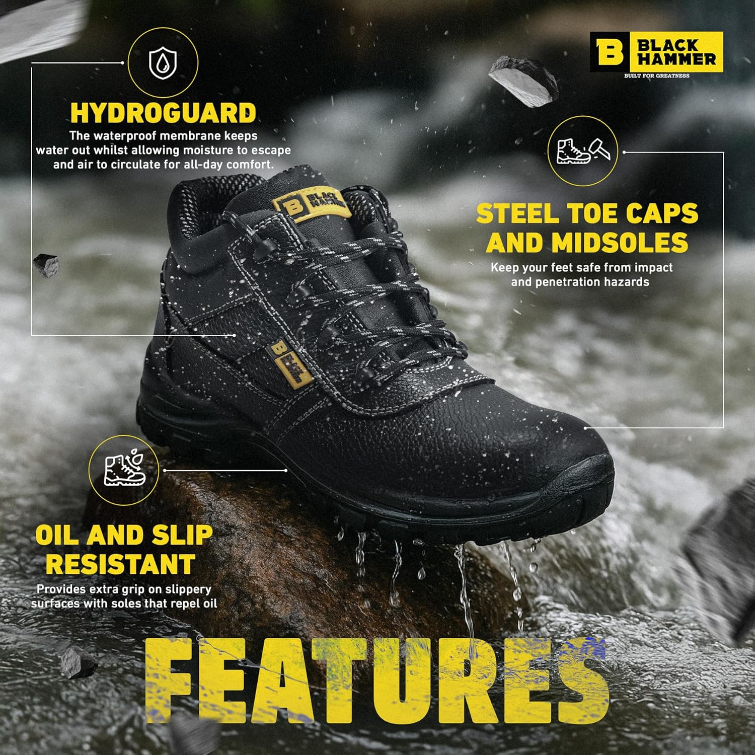 Black Hammer Mens Safety Boots Work Waterproof Shoes Leather Steel Toe Cap Working Ankle Lightweight Footwear S3 SRC 1007 Black image number 2