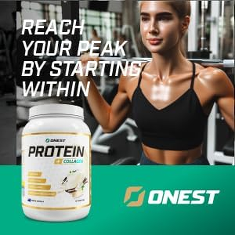 ONEST Collagen Infused Whey Protein Powder 960G &ndash; 30 Servings Easy-To-Digest Collagen Powder to Build & Maintain Muscle &ndash; 25 Grams Protein & 10 Grams Collagen for Protein Drink (Vanilla)