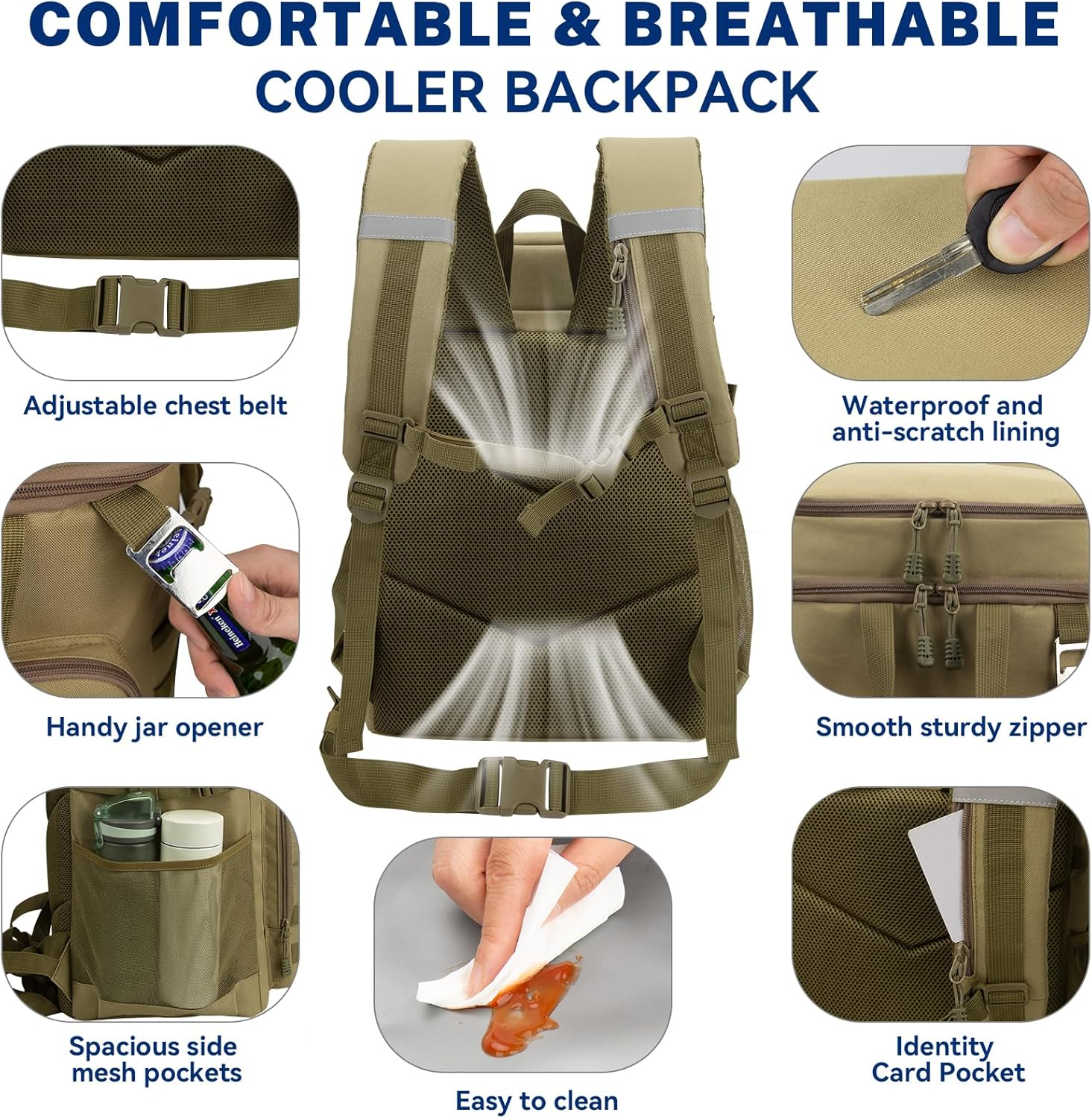 42L Tactical Cooler Backpack, 45/55 Cans Backpack Cooler Insulated Leak Proof, 2 Insulated Department Portable Soft Lunch Cooler Bag, Ice Chest Backpack for Hiking, Camping, Beach, Picnic image number 3