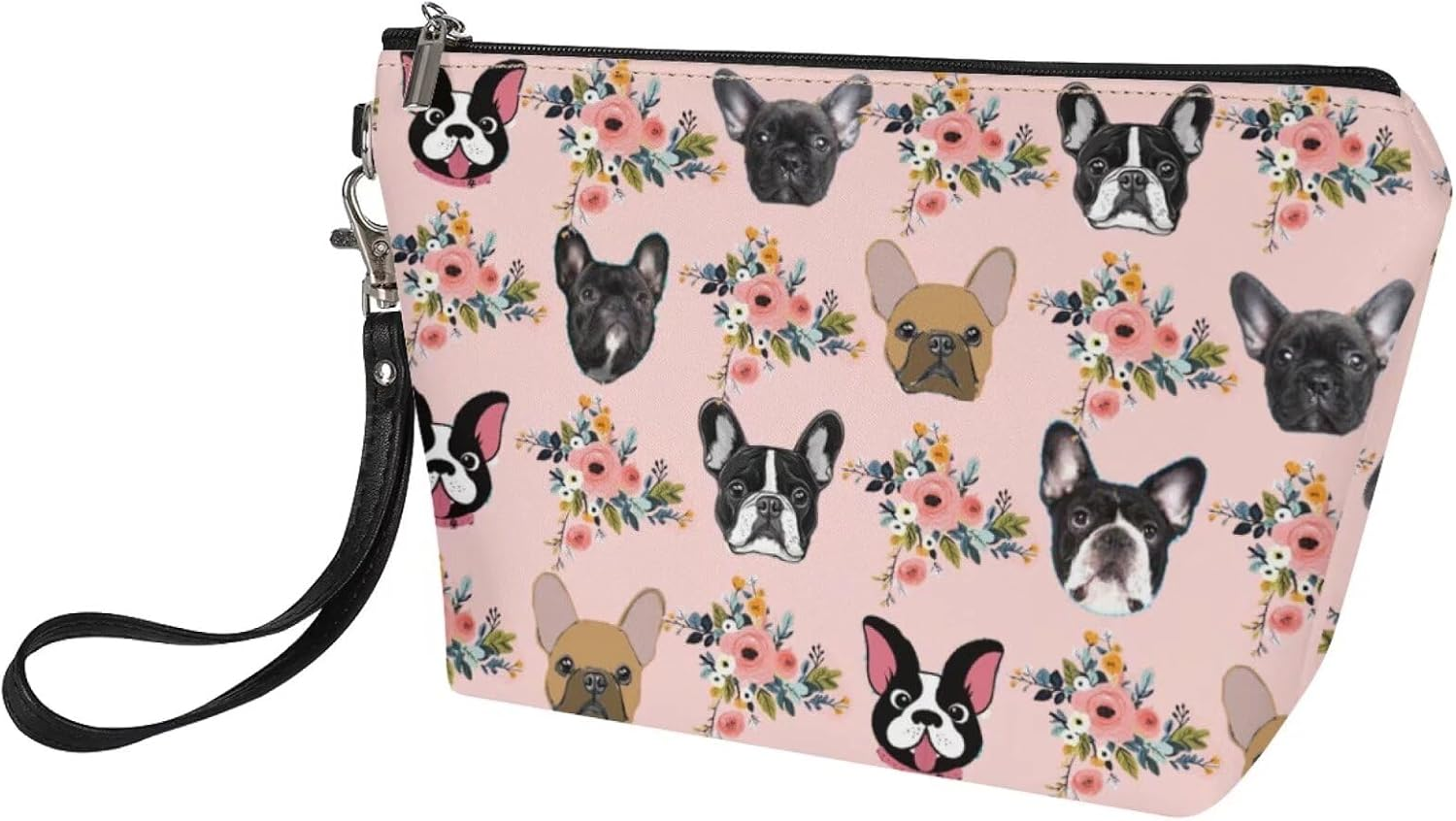 Mumeson Boston Bulldog and Flower Print Women Leather Trapezoid Toiletry Bag,Pink image number 6