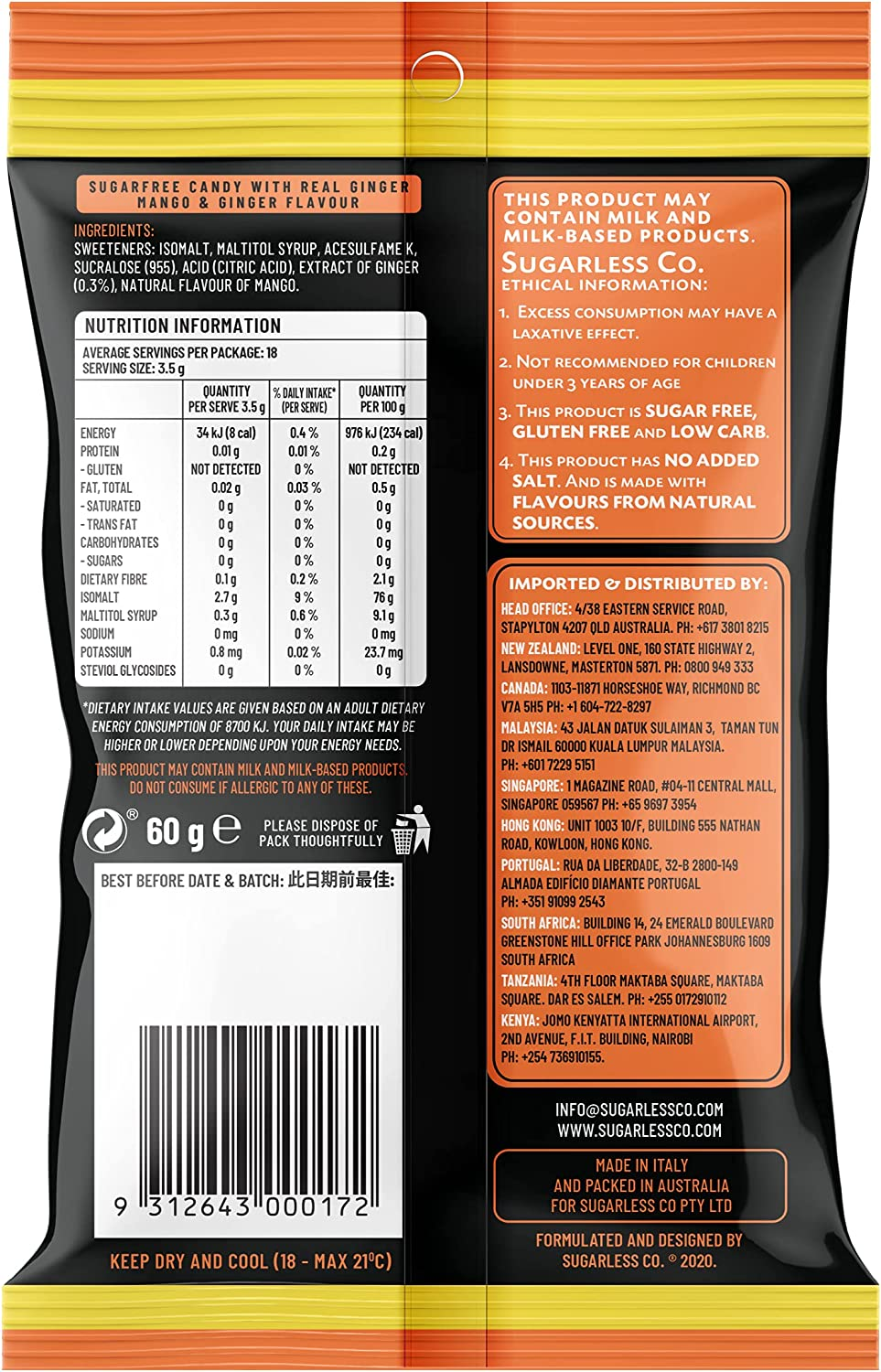 Sugarless Confectionery Sugar Free Ginger Candies with Mango Flavour 60G image number 2