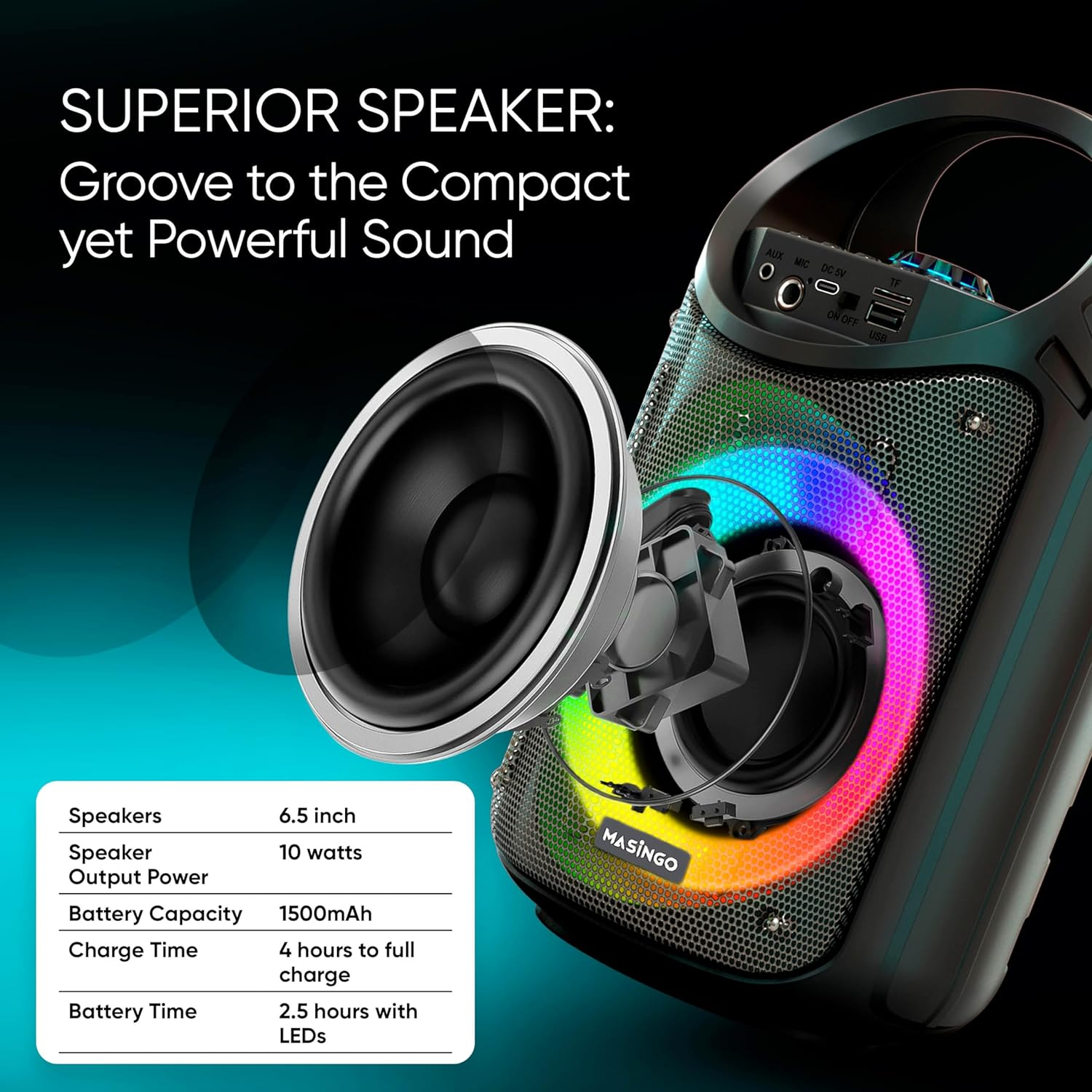 MASINGO Karaoke Machine for Kids and Adults with 2 Wireless Bluetooth Microphones, PA Portable Speaker with Colorful LED Lights, Supports TF Card/Usb, AUX/MIC In, TWS for Home Party, Burletta C10 V2 image number 2
