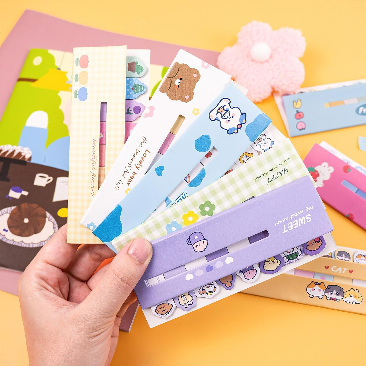 16 Pack Cute Sticky Notes, Animals Plant Foods Mini Self-Stick Index Tabs, 8 Styles Bookmarks Memo Pad Sticky Note for Office School, 1920 Sheets image number 2