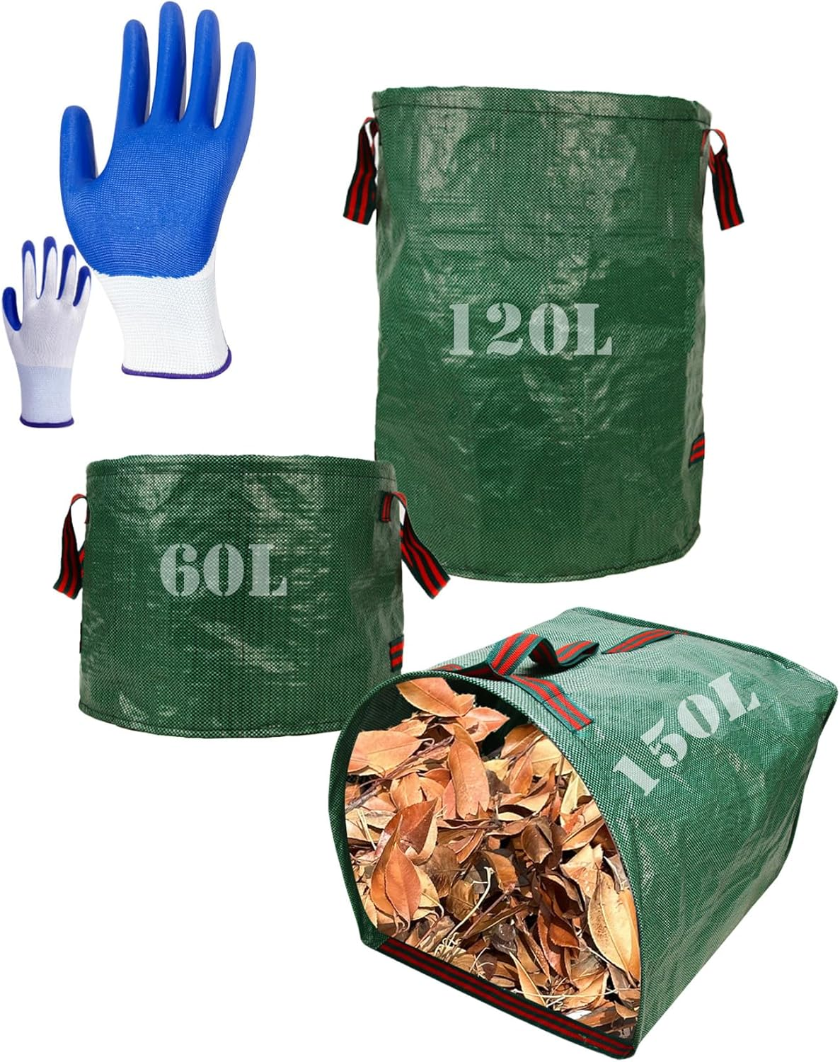 Garden Waste Bags Set of 3, Heavy Duty Reusable Green Leaf Collection Bags with Handles, Includes Work Gloves image number 1