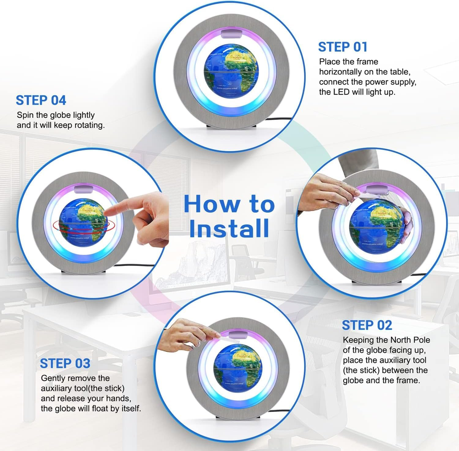 Flagest Magnetic Levitation Floating Globe - Levitating O Shape Globe with LED Lights for Educational Home Office Desk Decor - Birthday Holiday Party Chirstmas Gift (4Inches Globe), Blue 1, Medium image number 3