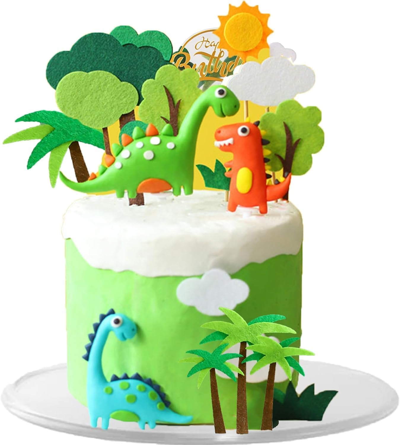 13Pcs Dinosaur Cake Topper Set with Palm Trees, Jungle Theme Party Decoration, Green and Orange image number 5