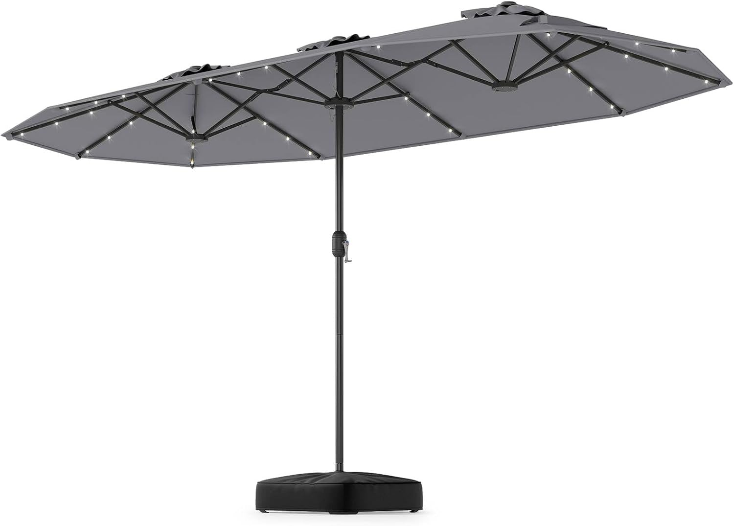 Costway 4 M Double-Sided Patio Umbrella with Base & Solar Lights, Outdoor Twin Umbrella W/ 48 LED Lights, Crank Handle, Air Vents, Oversized Rectangle Market Umbrella for Poolside Garden