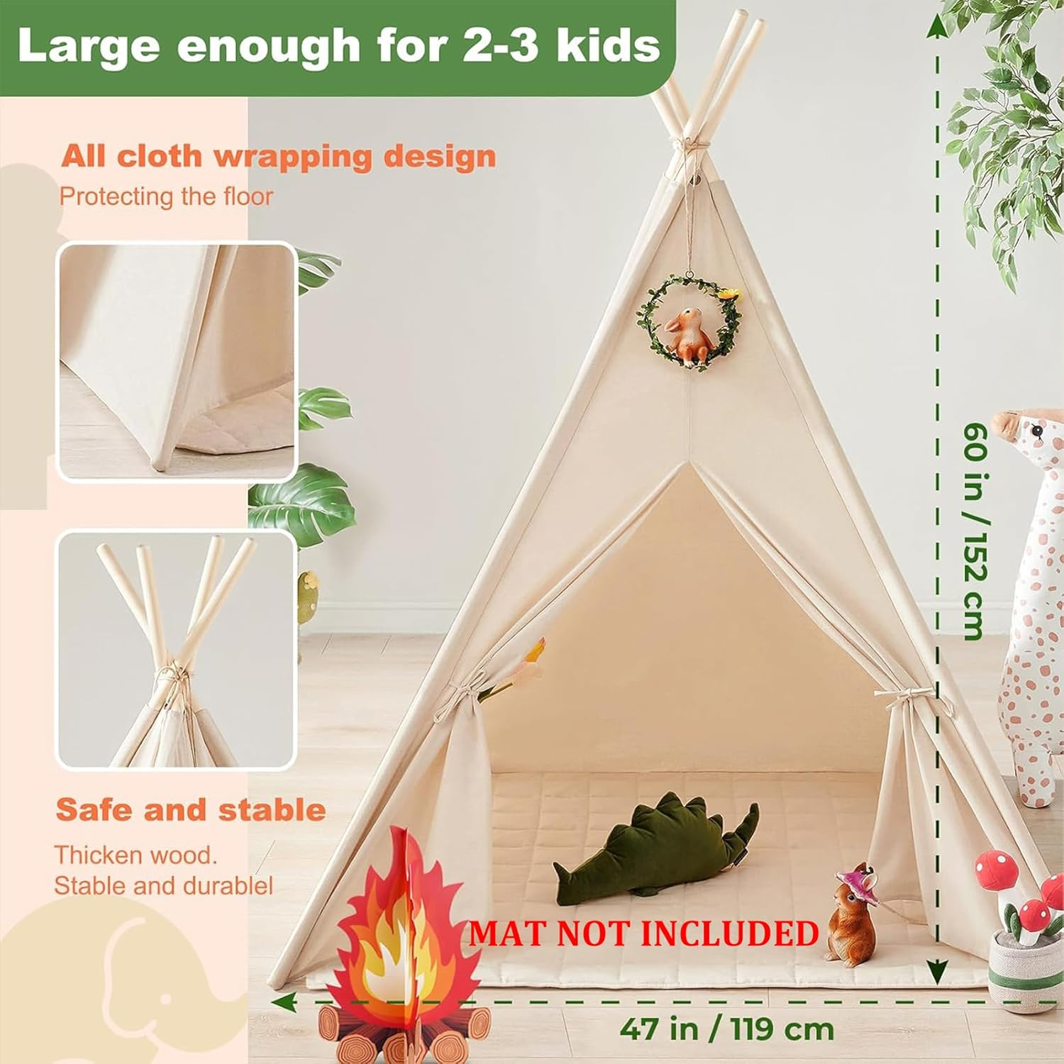 Teepee Tent for Kids, Foldable Toddler Teepee for Children Boys & Girls Indoor and Outdoor, 119 * 119 * 152Cm image number 6